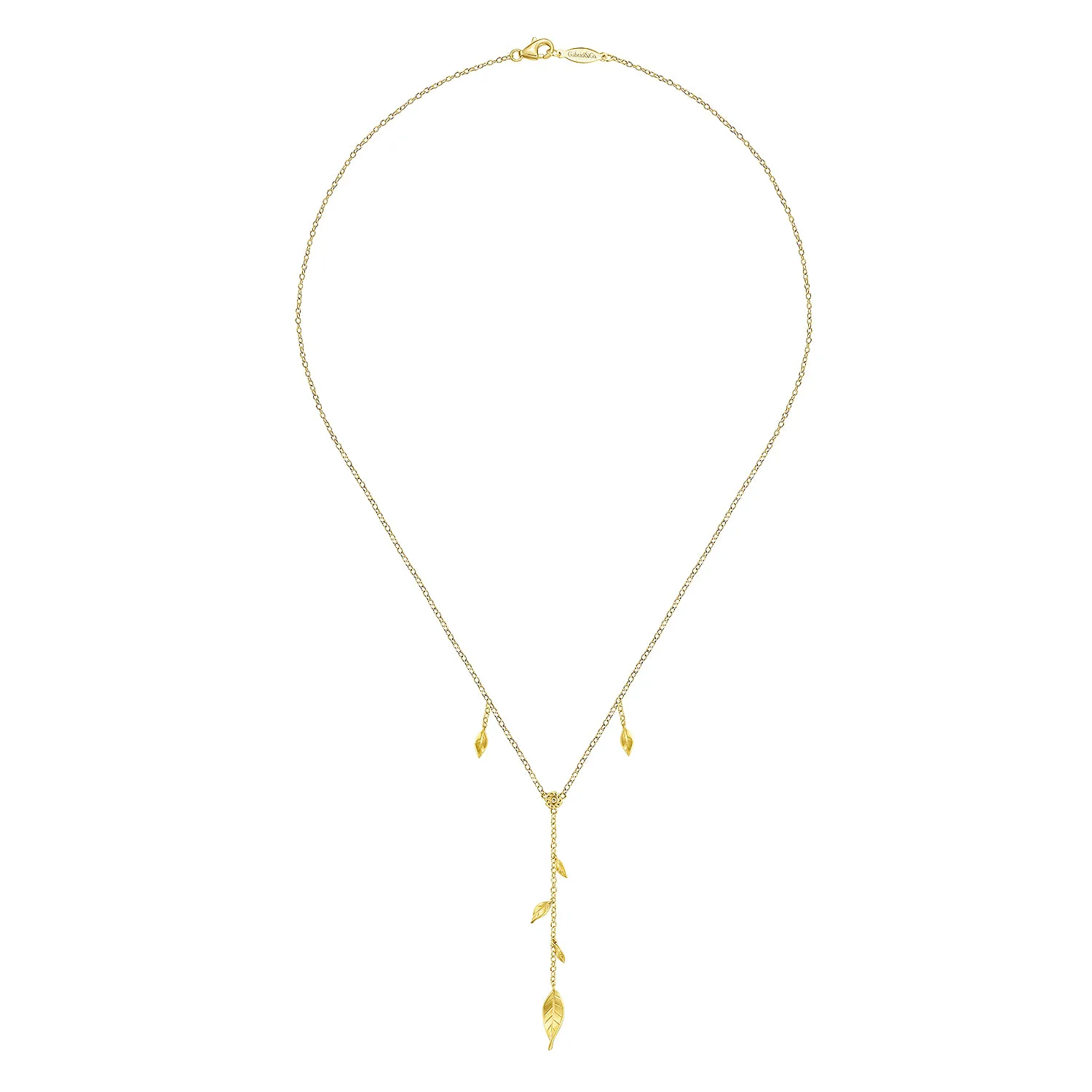 18 inch Y Necklace with Leaf Drops and Center Diamond in 14K Yellow Gold, photograph 2