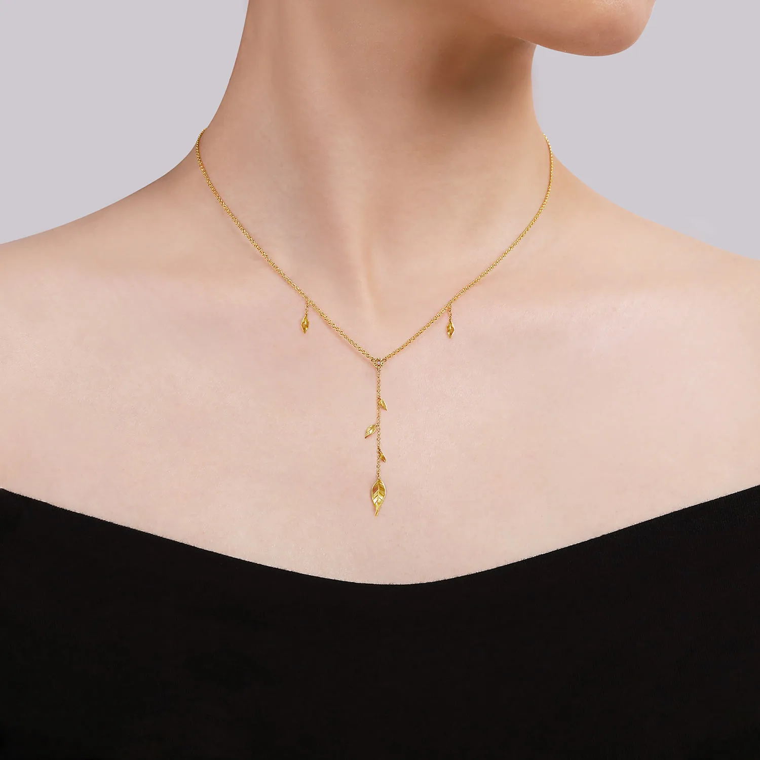 18 inch Y Necklace with Leaf Drops and Center Diamond in 14K Yellow Gold, photograph 3