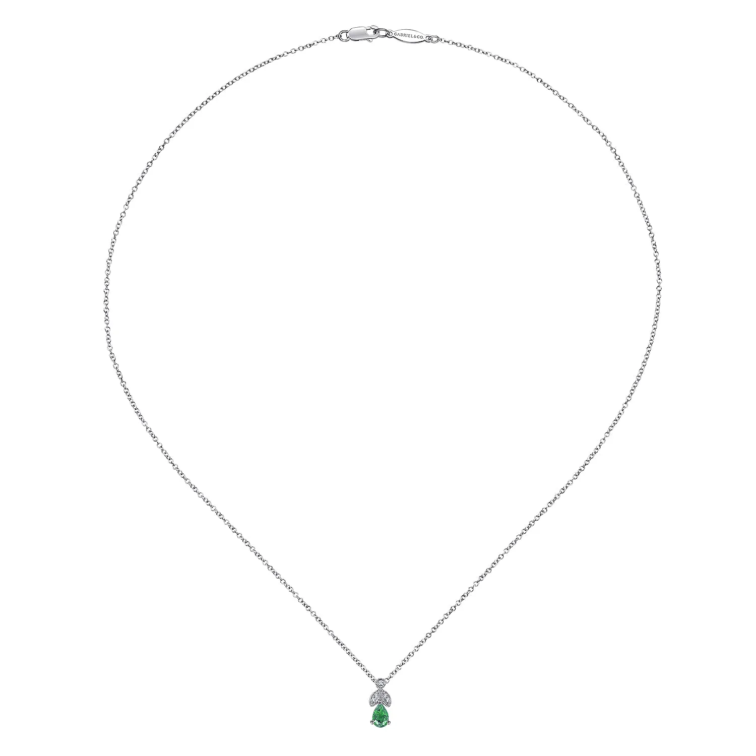 Emerald and Diamond Teardrop Pendant Necklace in 14K White Gold, photograph 2