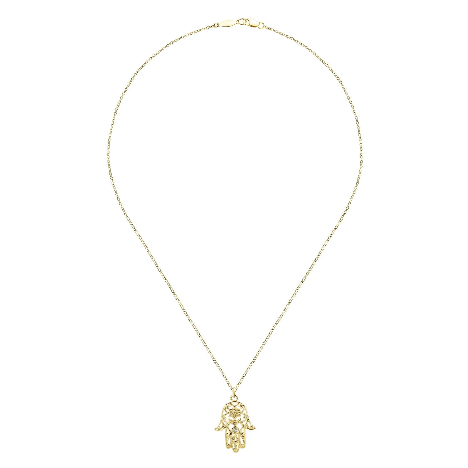 18 inch Filigree Diamond Hamsa Pendant Necklace in 14K Yellow Gold, photograph 2