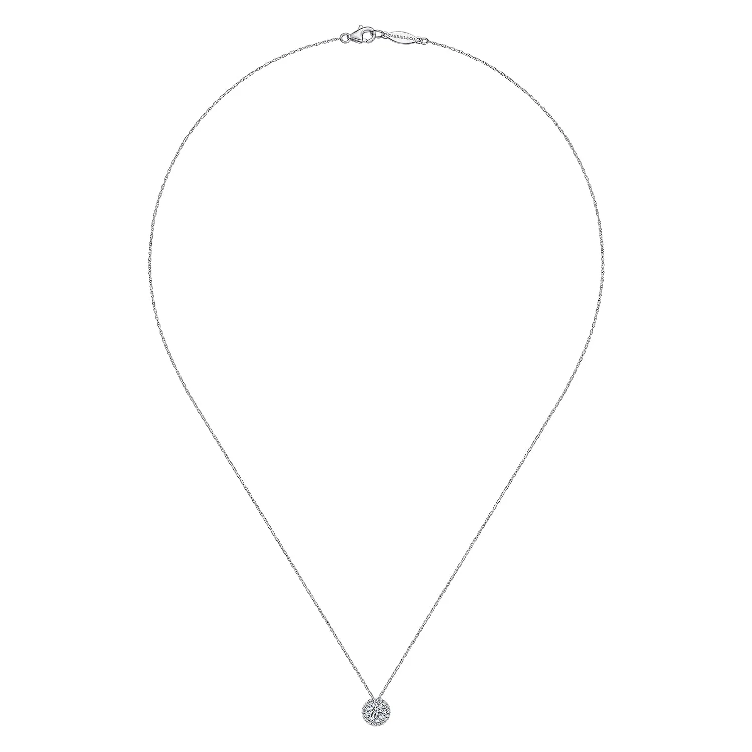 Round White Sapphire and Diamond Halo Necklace 4mm white sapphire center stone in 14K White Gold, photograph 2