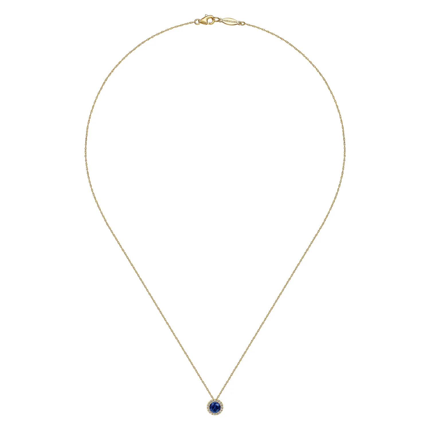 Blue Sapphire and Diamond Halo Pendant Necklace in 14K Yellow Gold, photograph 2