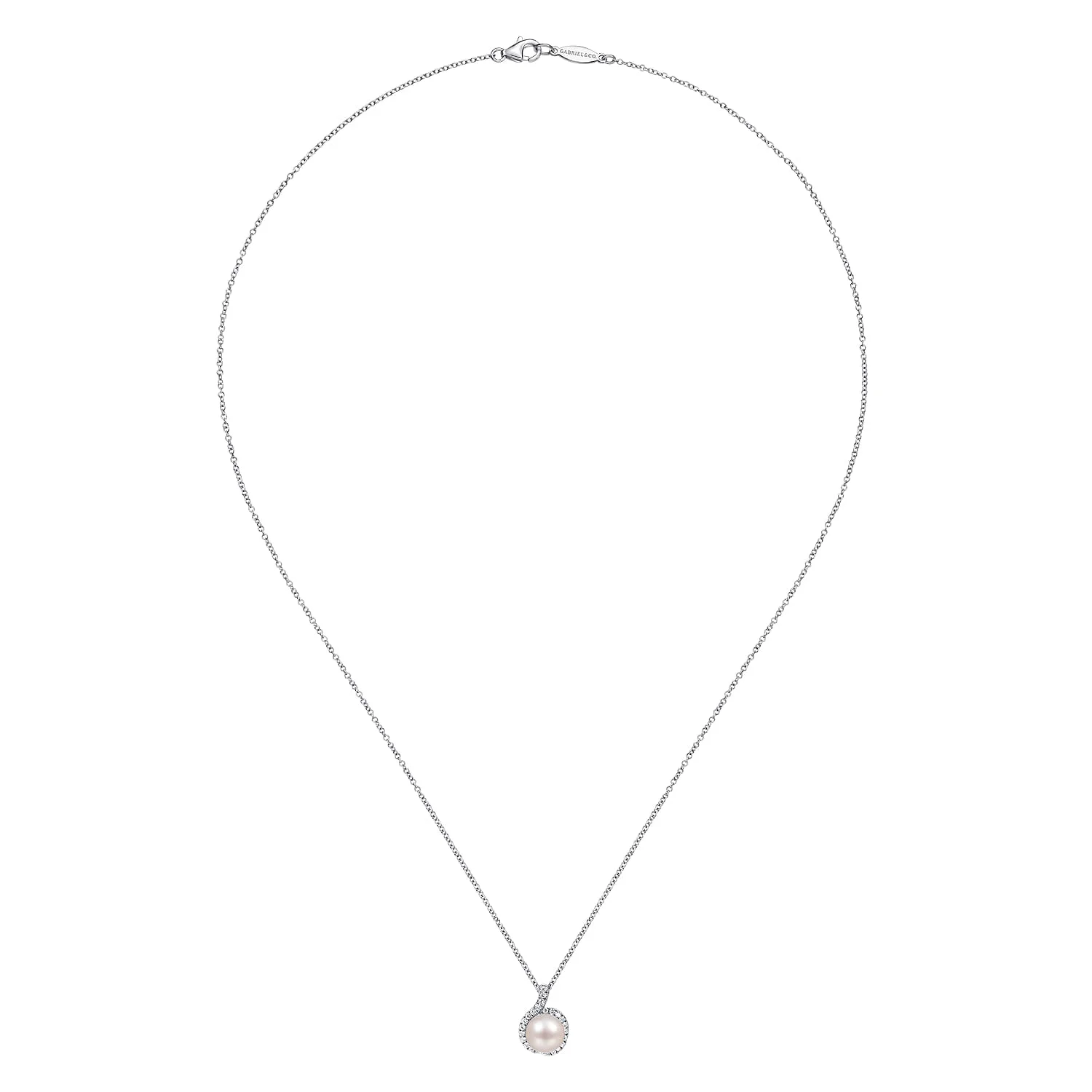 18 inch Round Cultured Pearl and Diamond Halo Pendant Necklace in 14K White Gold, photograph 2