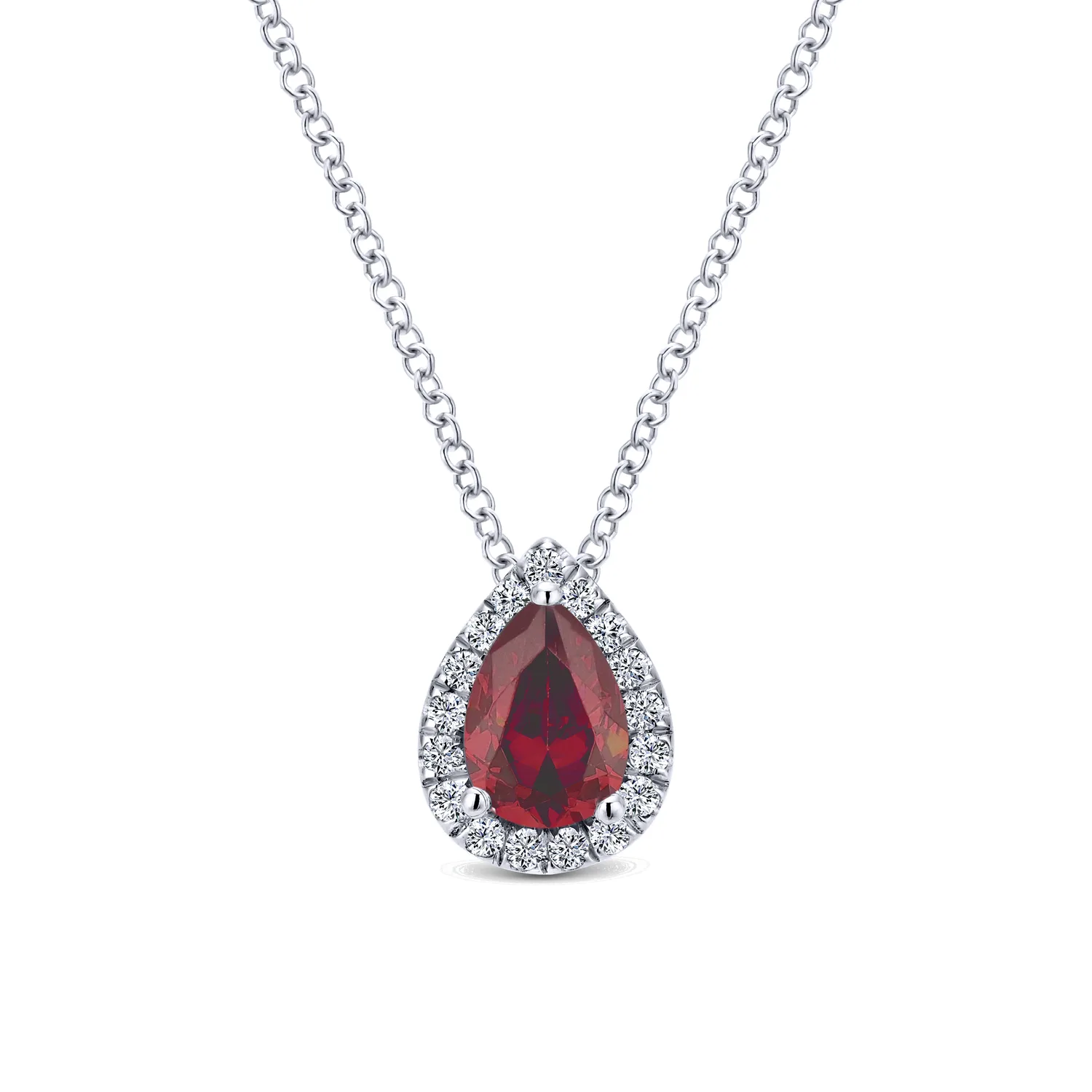 18 inch Pear Shaped Ruby and Diamond Halo Pendant Necklace