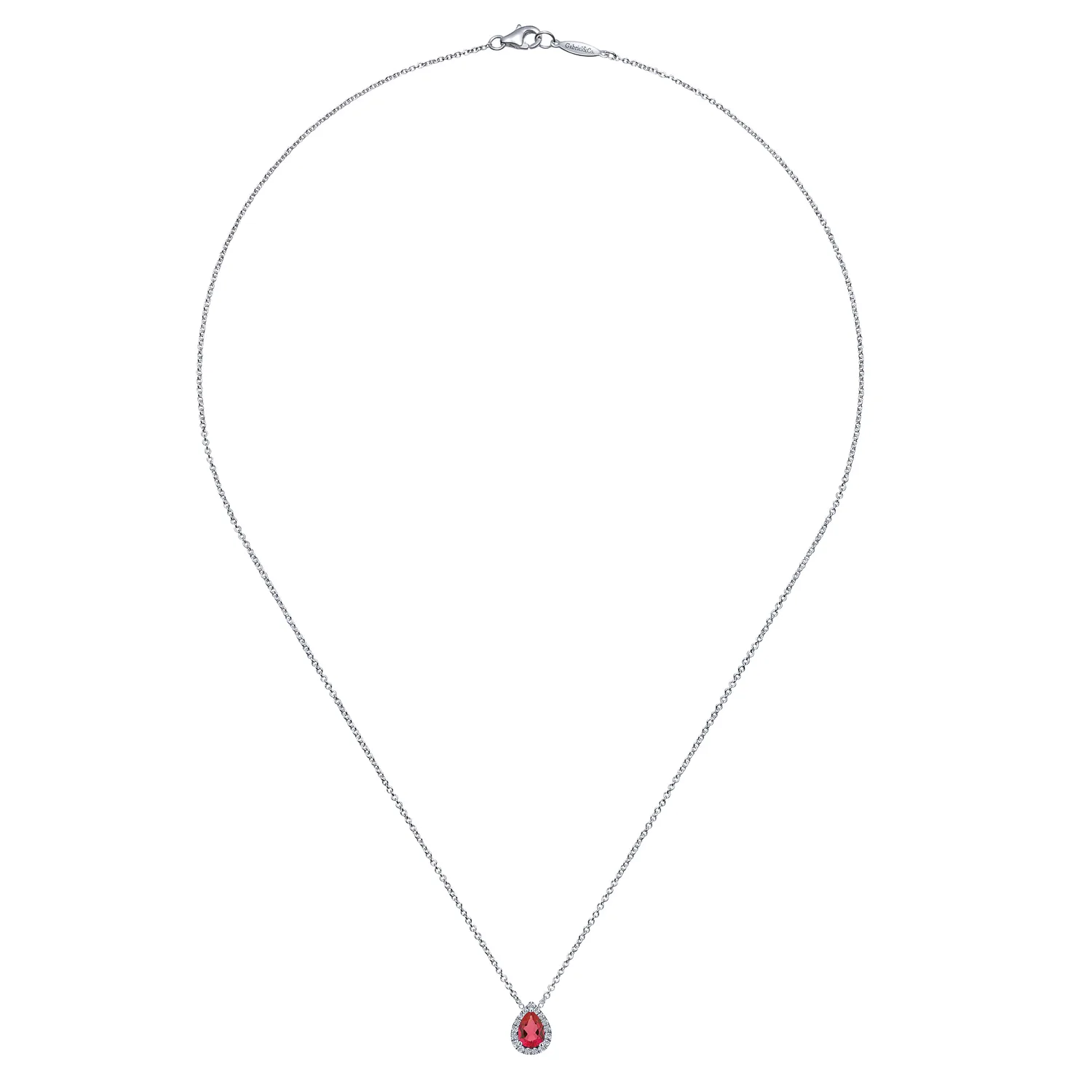 18 inch Pear Shaped Ruby and Diamond Halo Pendant Necklace in 14K White Gold, photograph 2