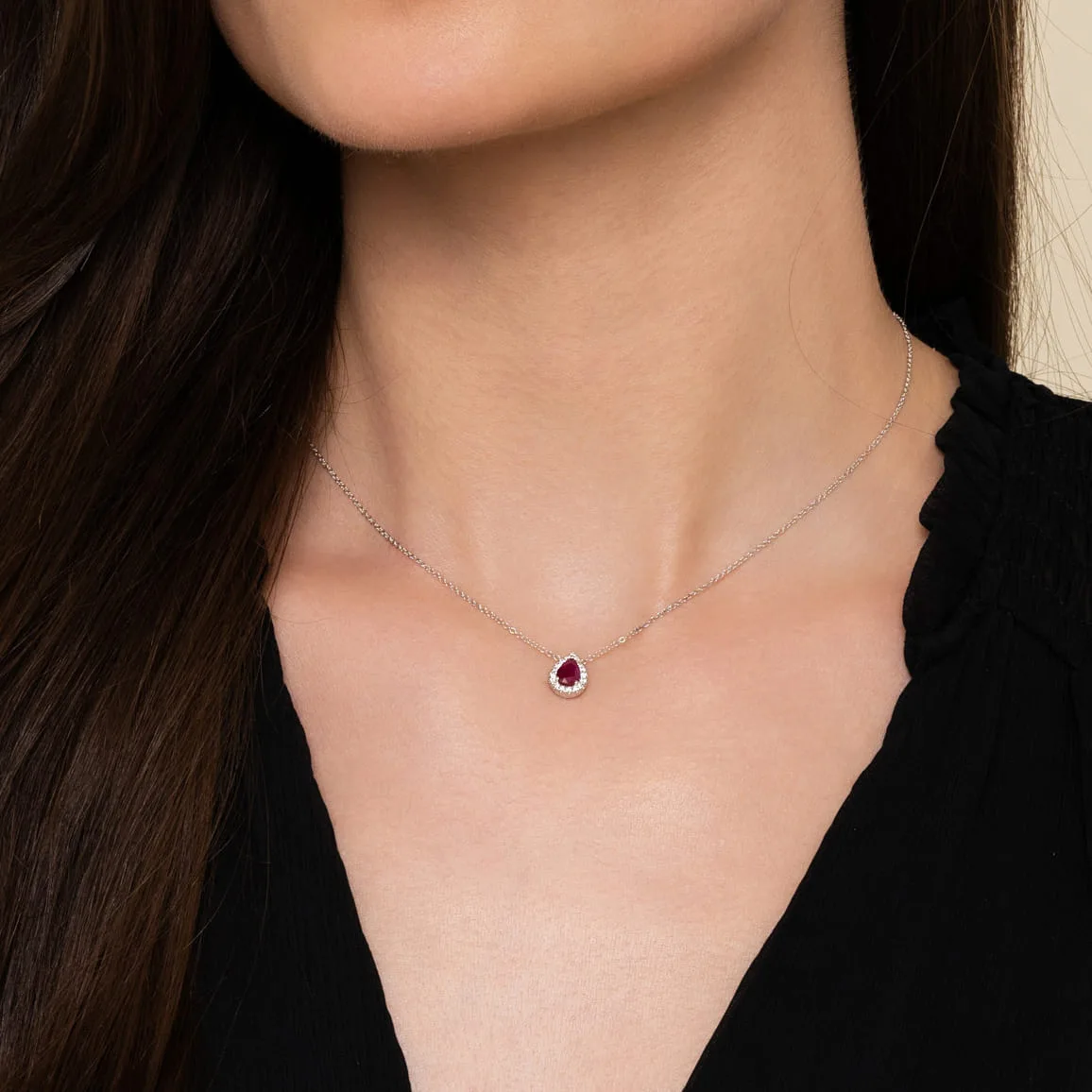 18 inch Pear Shaped Ruby and Diamond Halo Pendant Necklace in 14K White Gold, photograph 3