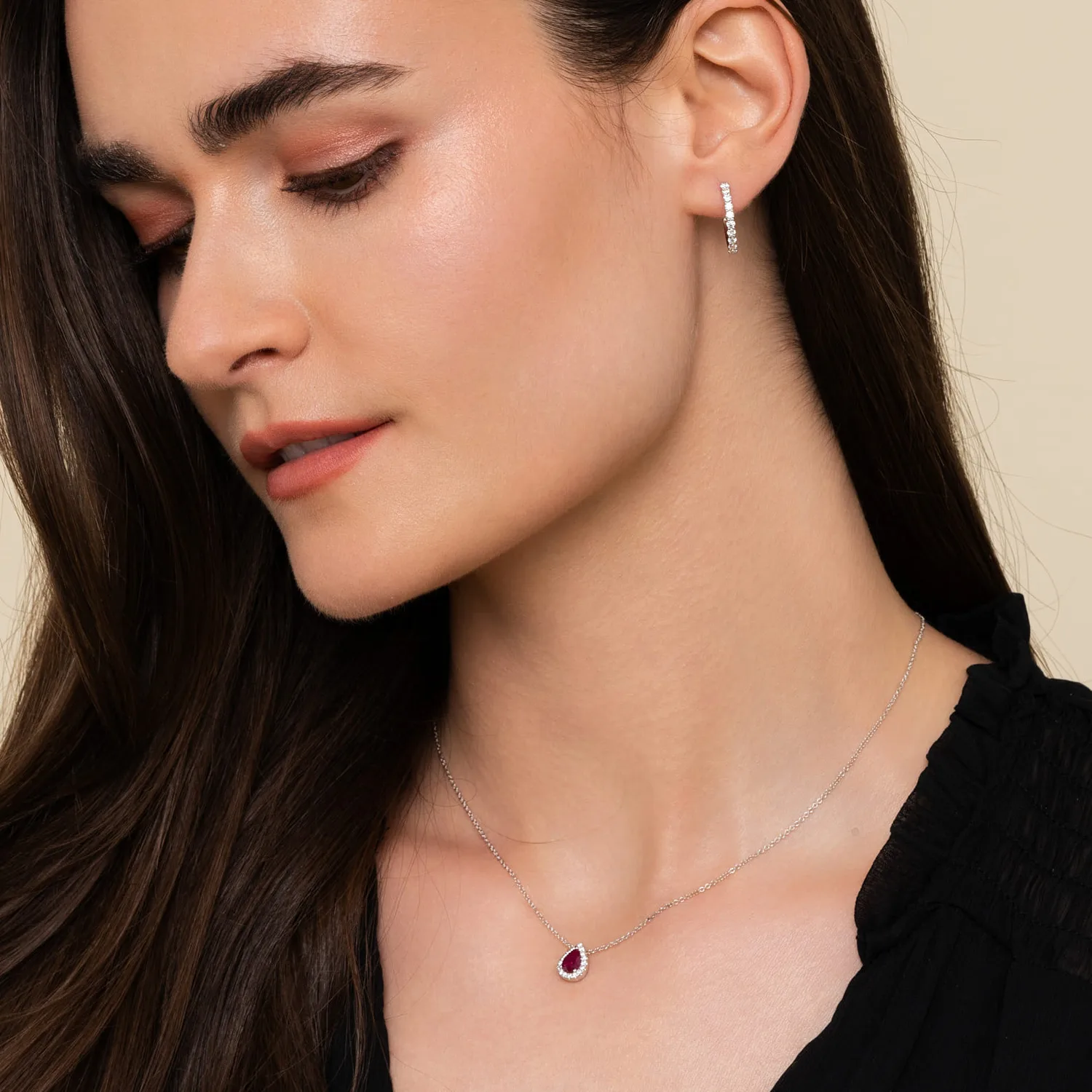18 inch Pear Shaped Ruby and Diamond Halo Pendant Necklace in 14K White Gold, photograph 4