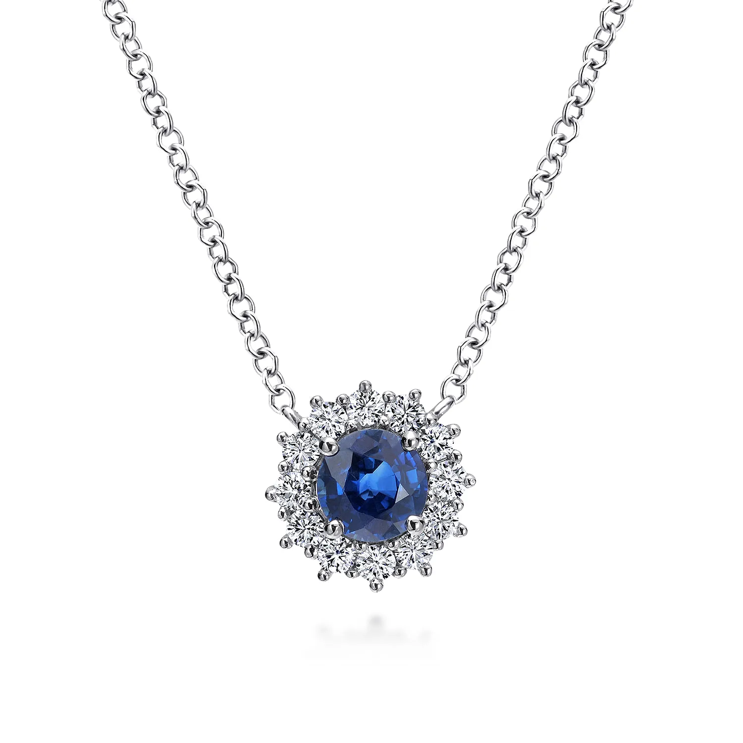 18 inch Round Sapphire and Diamond Halo Pendant Necklace