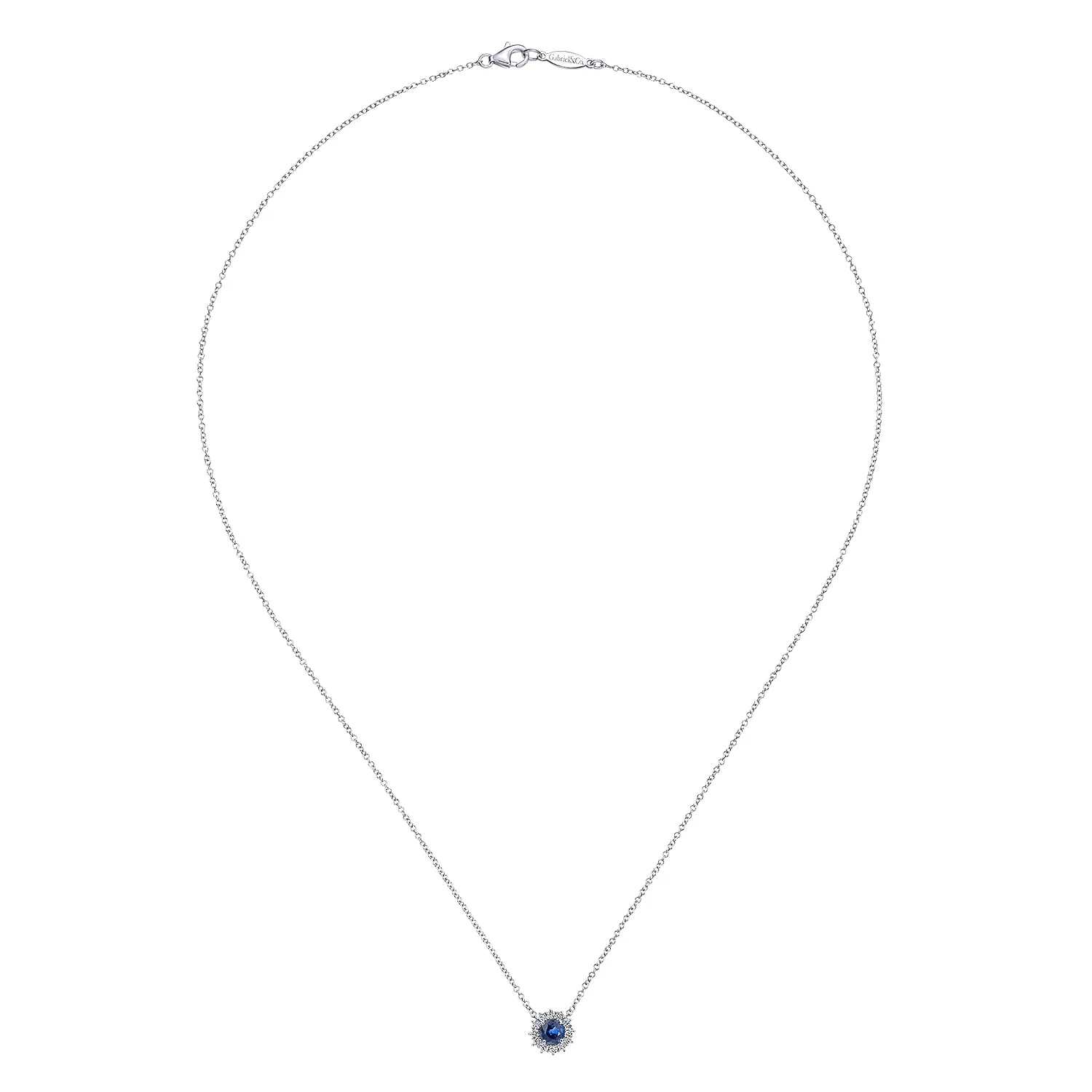 18 inch Round Sapphire and Diamond Halo Pendant Necklace in 14K White Gold, photograph 2