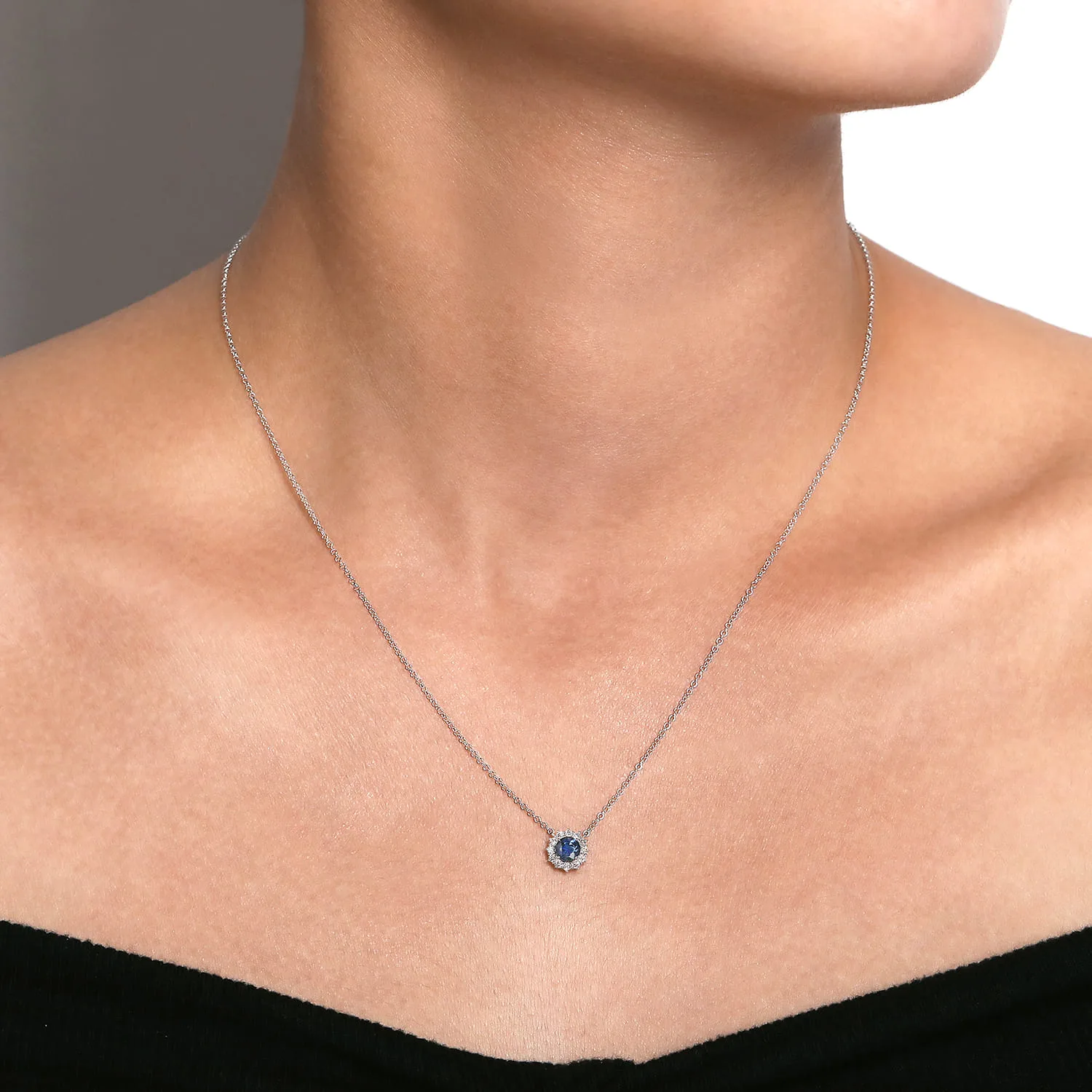 18 inch Round Sapphire and Diamond Halo Pendant Necklace in 14K White Gold, photograph 3