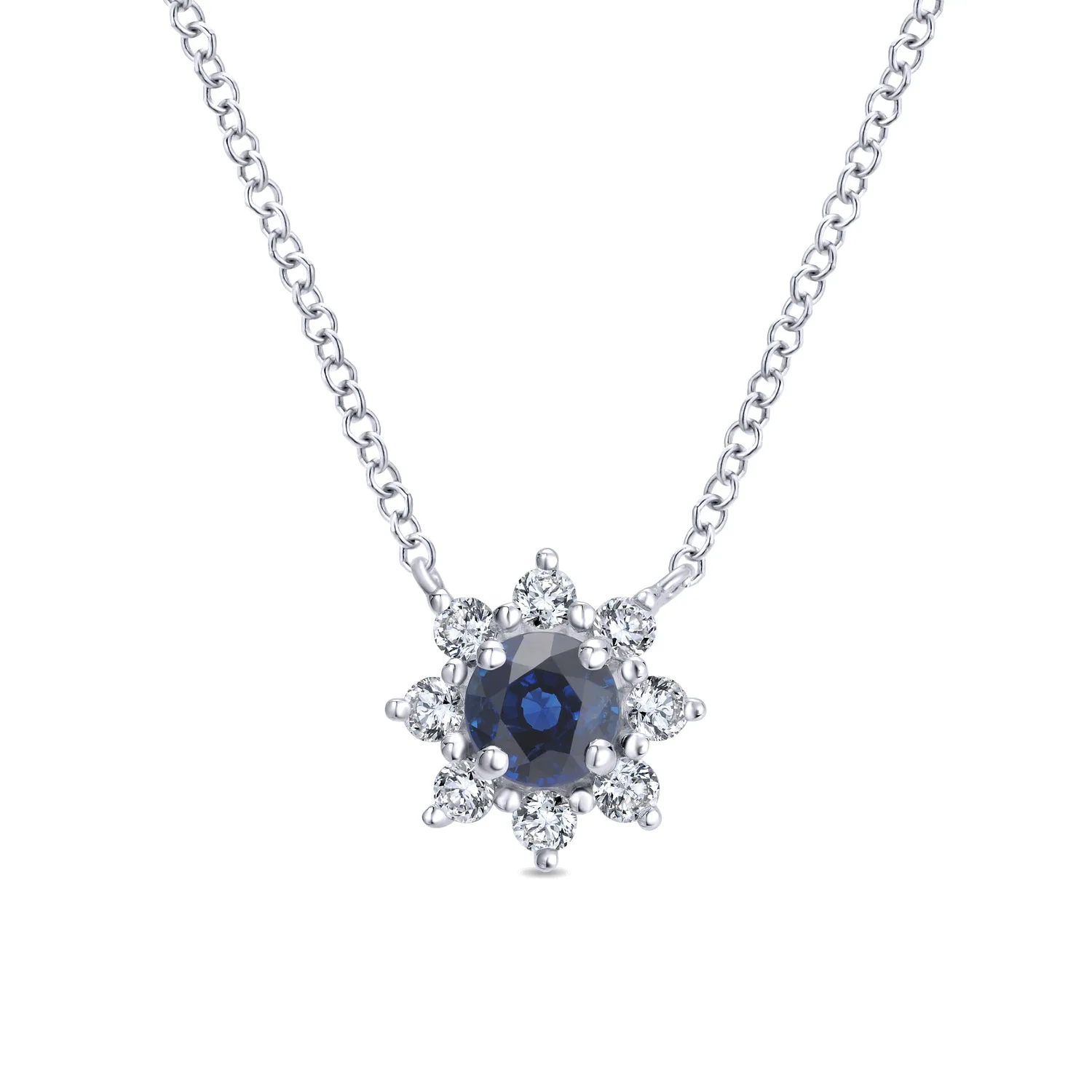18 inch Sapphire and Diamond Halo Floral Pendant Necklace