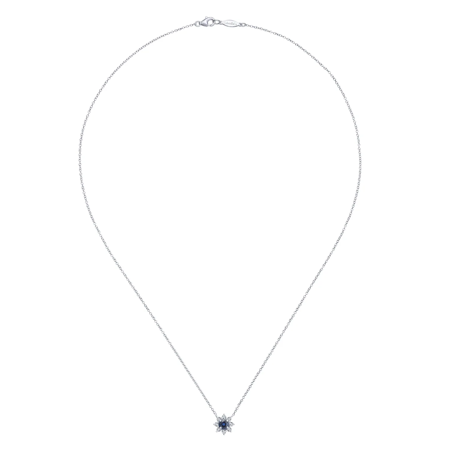 18 inch Sapphire and Diamond Halo Floral Pendant Necklace in 14K White Gold, photograph 2
