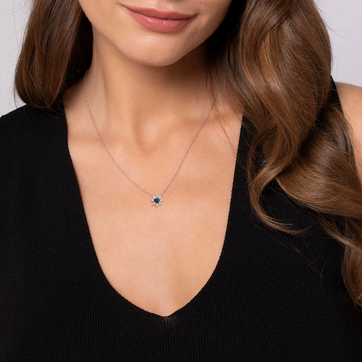 18 inch Sapphire and Diamond Halo Floral Pendant Necklace in 14K White Gold, photograph 3