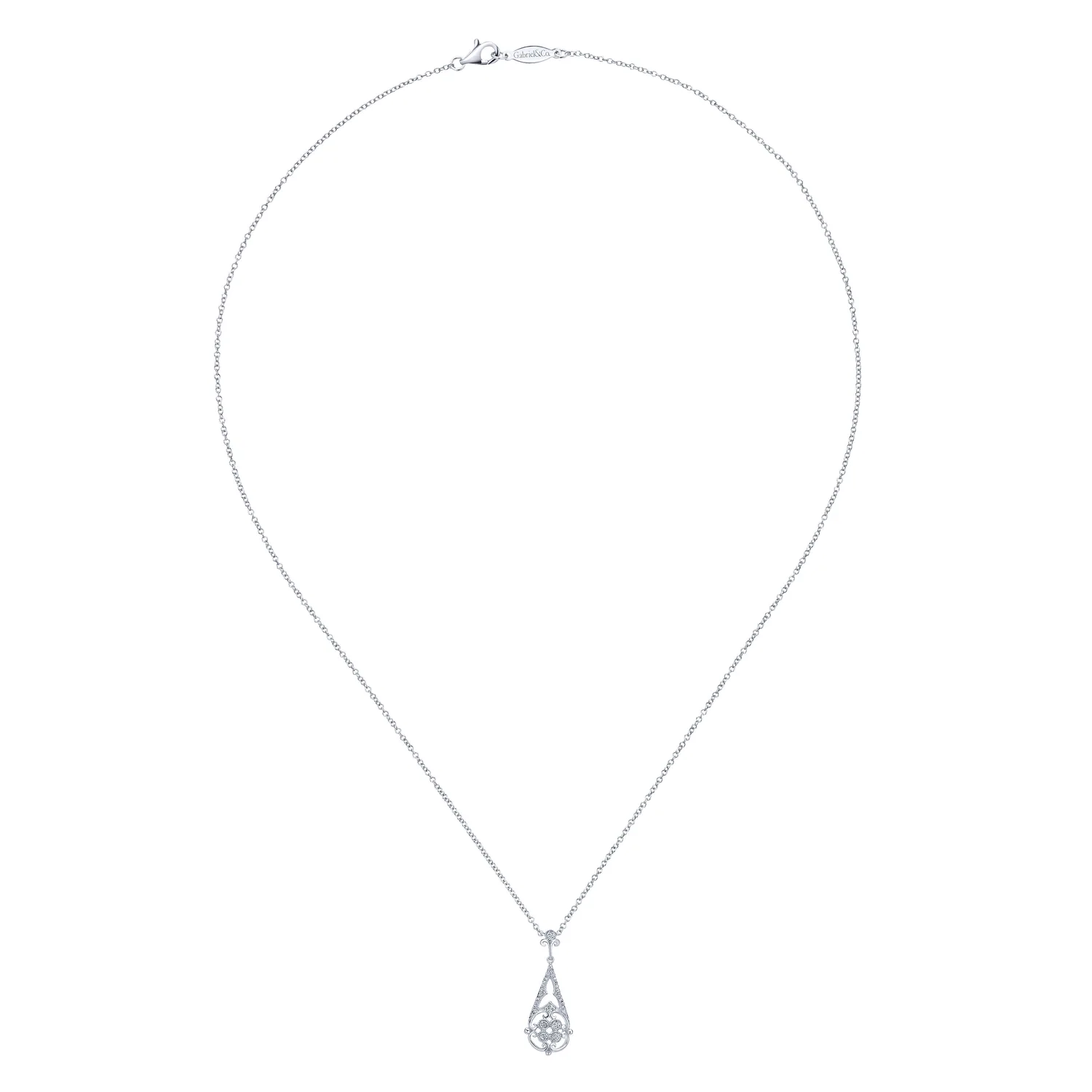 Vintage Inspired Diamond Teardrop Pendant Necklace in 14K White Gold, photograph 2