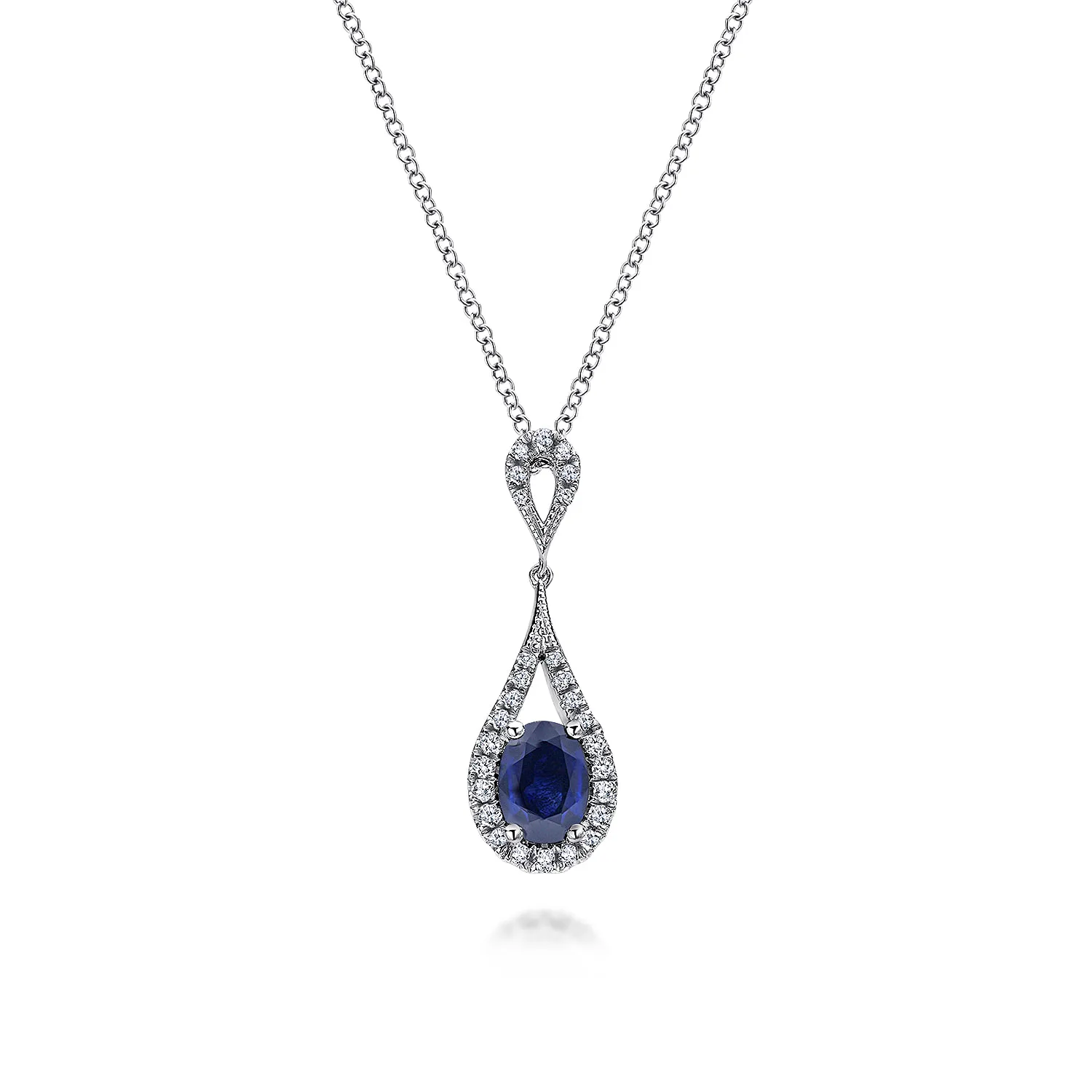 Long Oval Sapphire and Diamond Teardrop Pendant Necklace