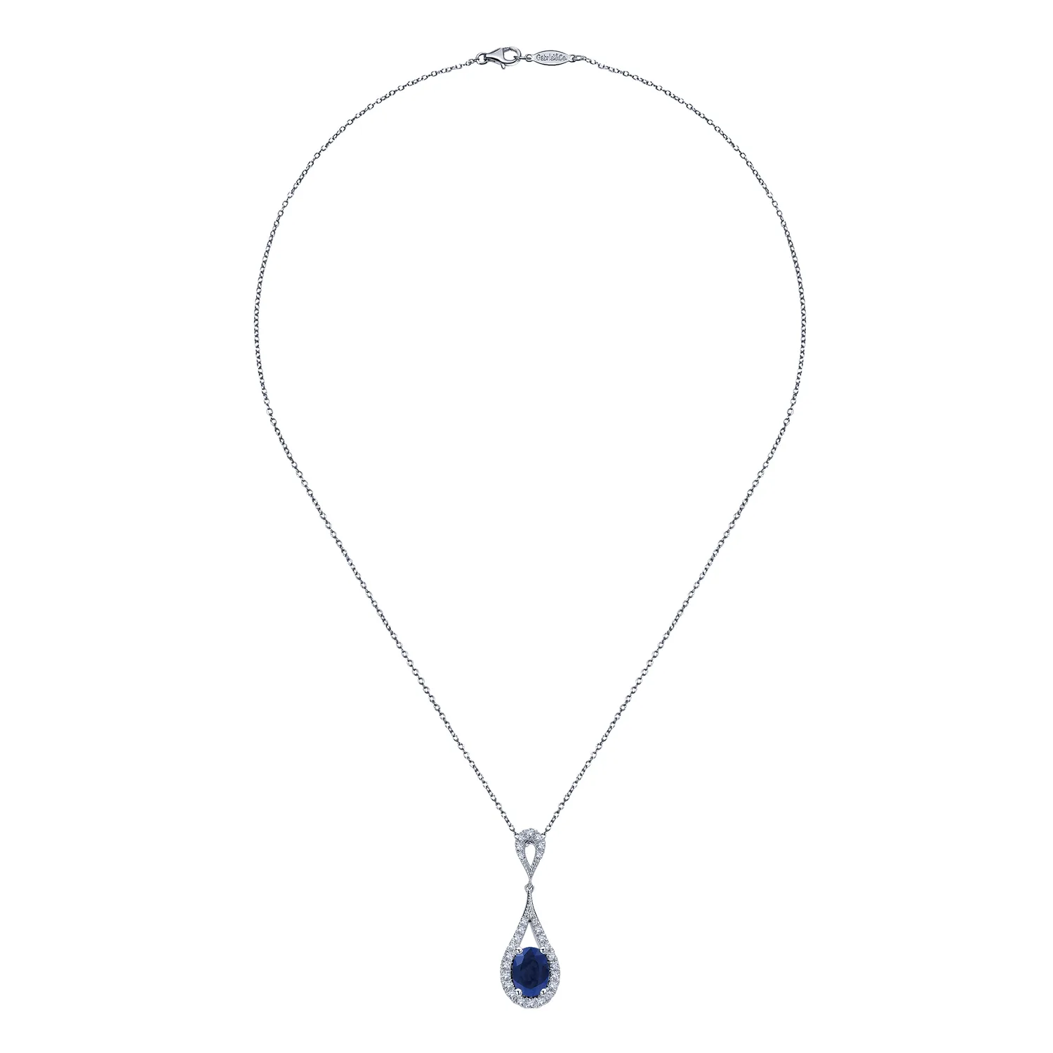 Long Oval Sapphire and Diamond Teardrop Pendant Necklace in 14K White Gold, photograph 2