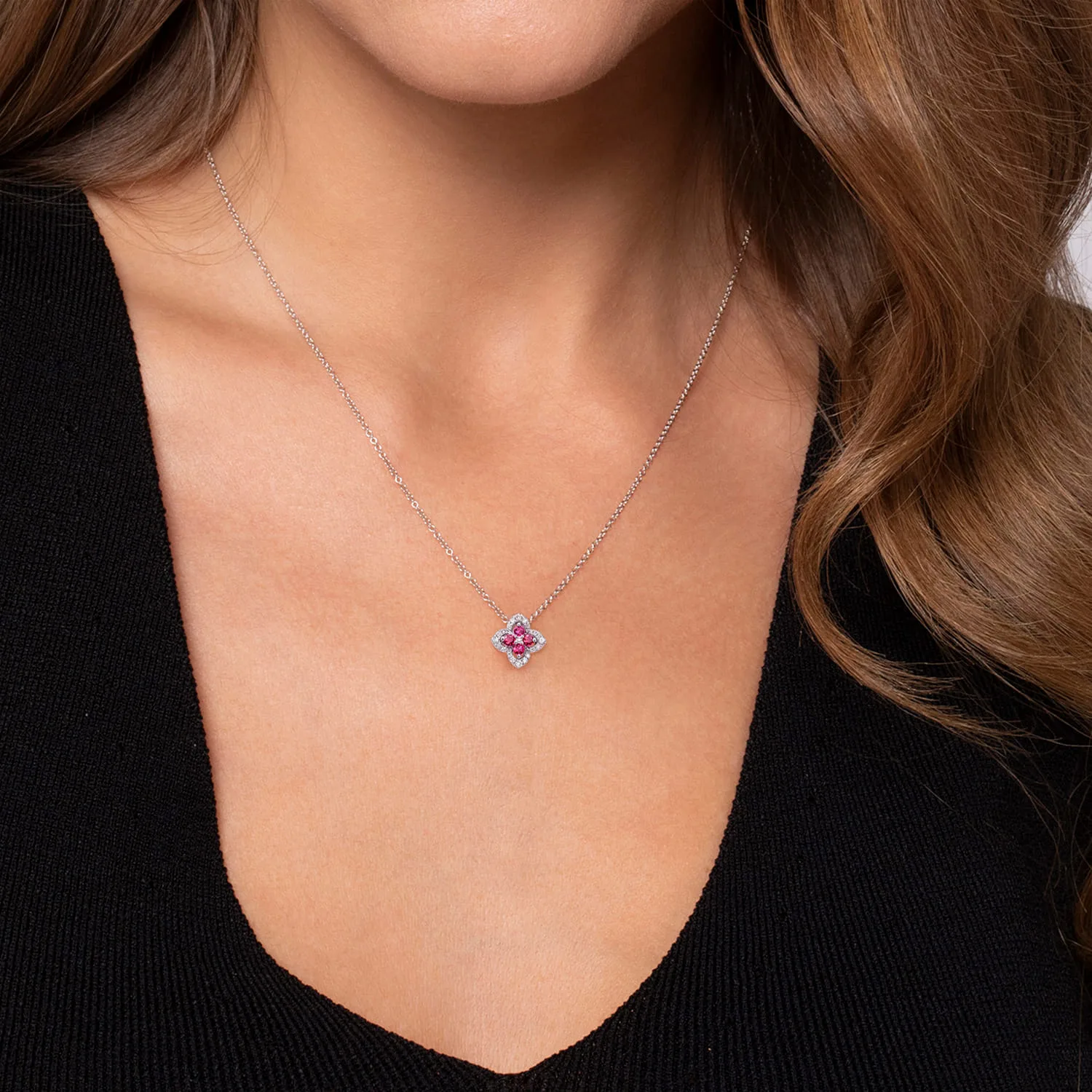 Ruby and Diamond Clover Pendant Necklace in 14K White Gold, photograph 3
