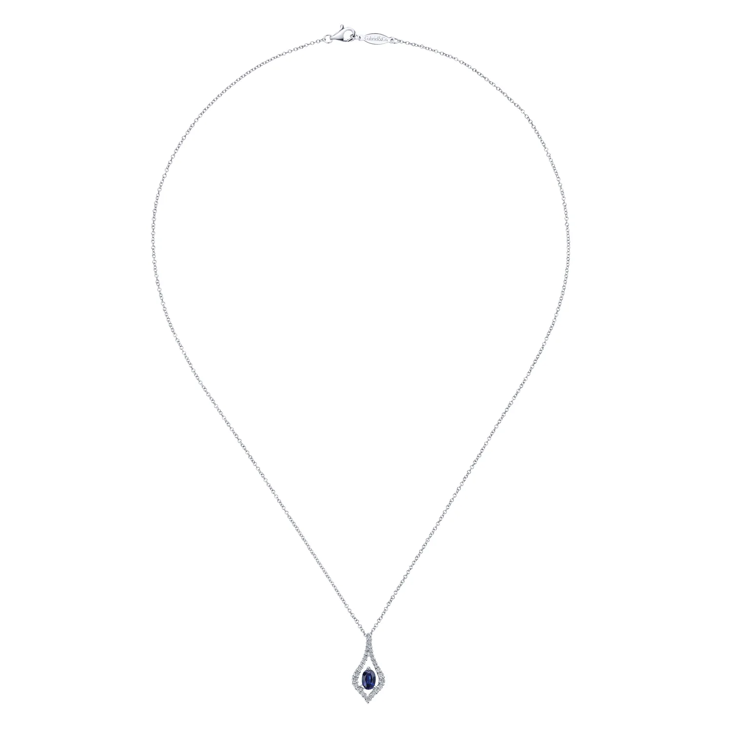 Floating Oval Sapphire Diamond Teardrop Pendant Necklace in 14K White Gold, photograph 2