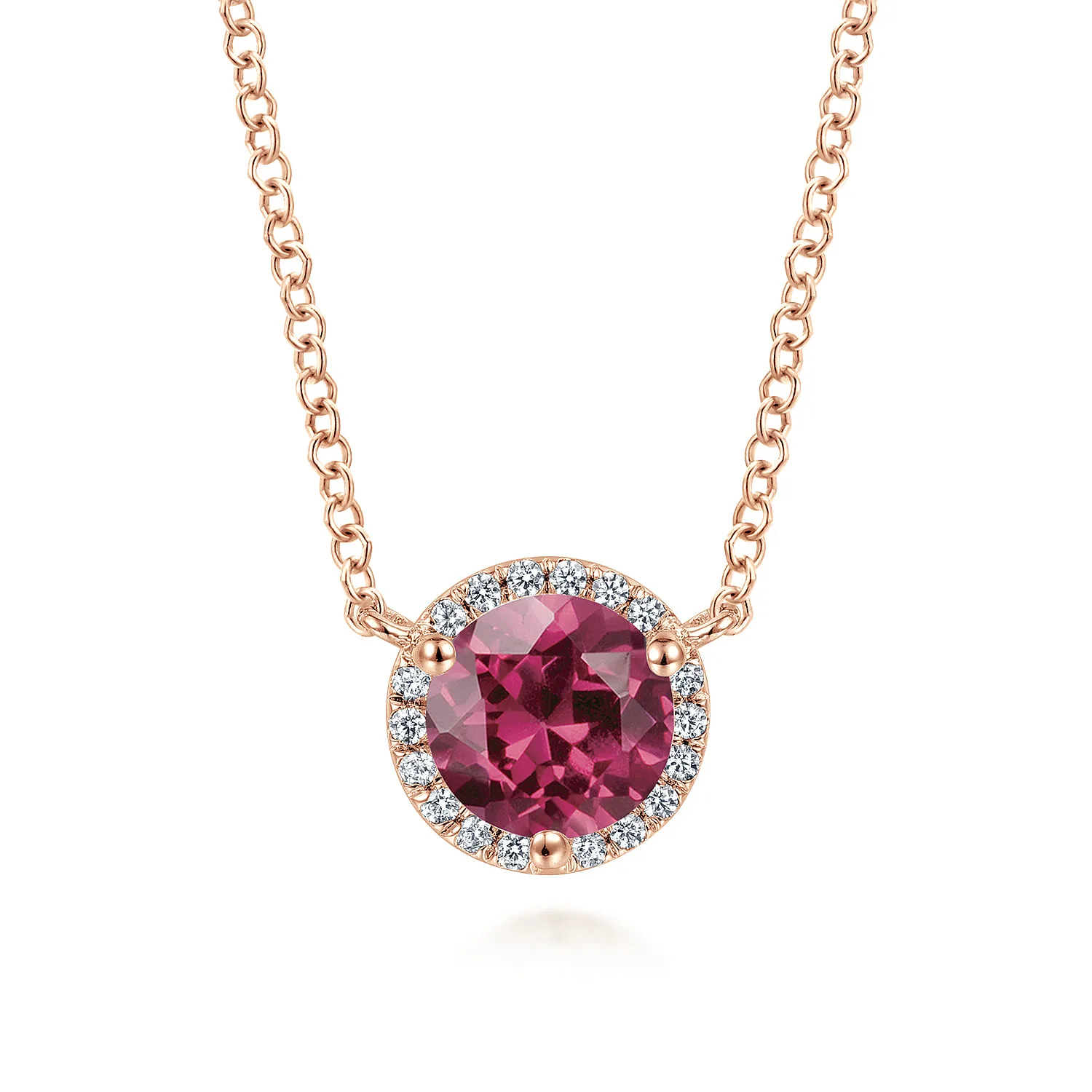 Round Pink Tourmaline and Diamond Halo Pendant Necklace