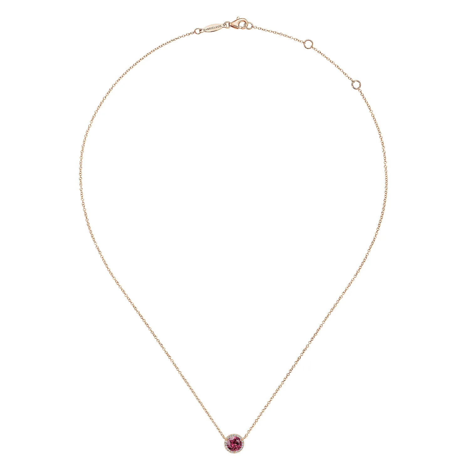 Round Pink Tourmaline and Diamond Halo Pendant Necklace in 14K Rose Gold, photograph 2