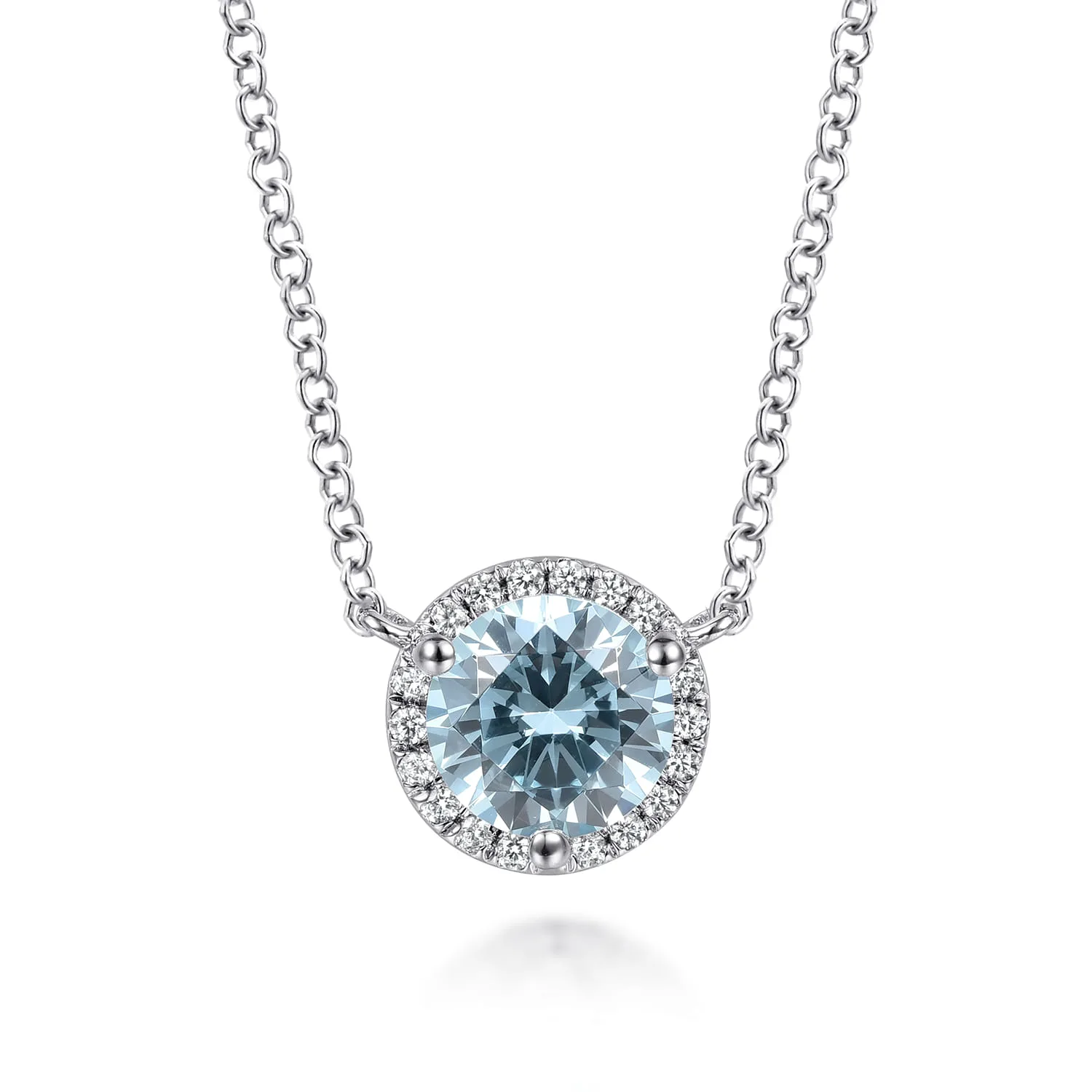 Round Aquamarine and Diamond Halo Pendant Necklace