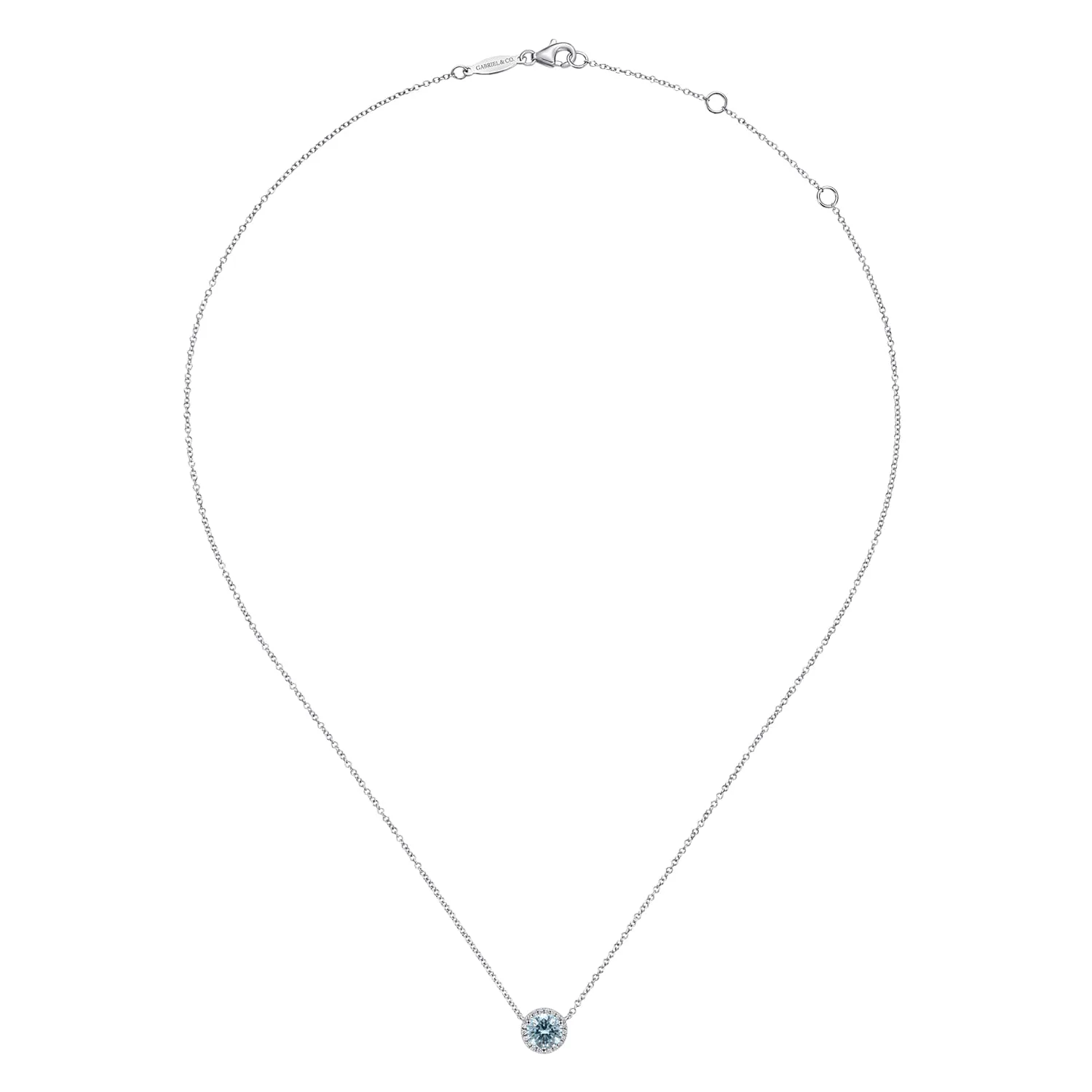 Round Aquamarine and Diamond Halo Pendant Necklace in 14K White Gold, photograph 2