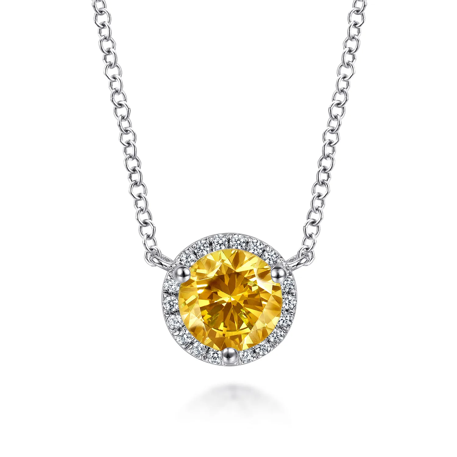 Round Citrine and Diamond Halo Pendant Necklace