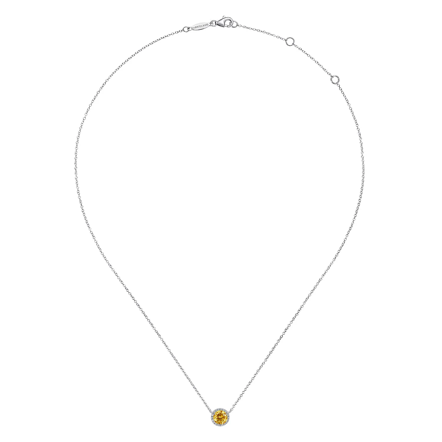 Round Citrine and Diamond Halo Pendant Necklace in 14K White Gold, photograph 2
