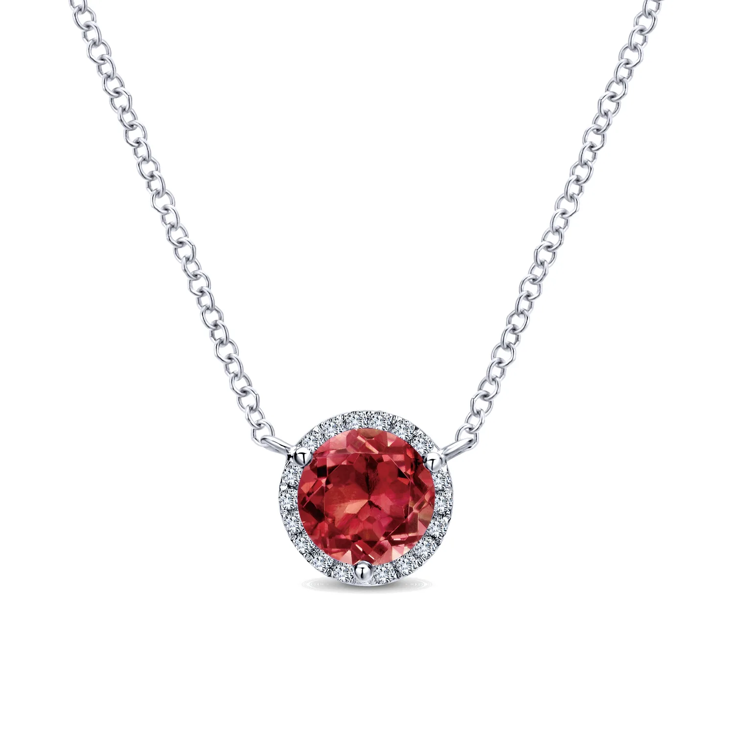 Round Garnet and Diamond Halo Pendant Necklace