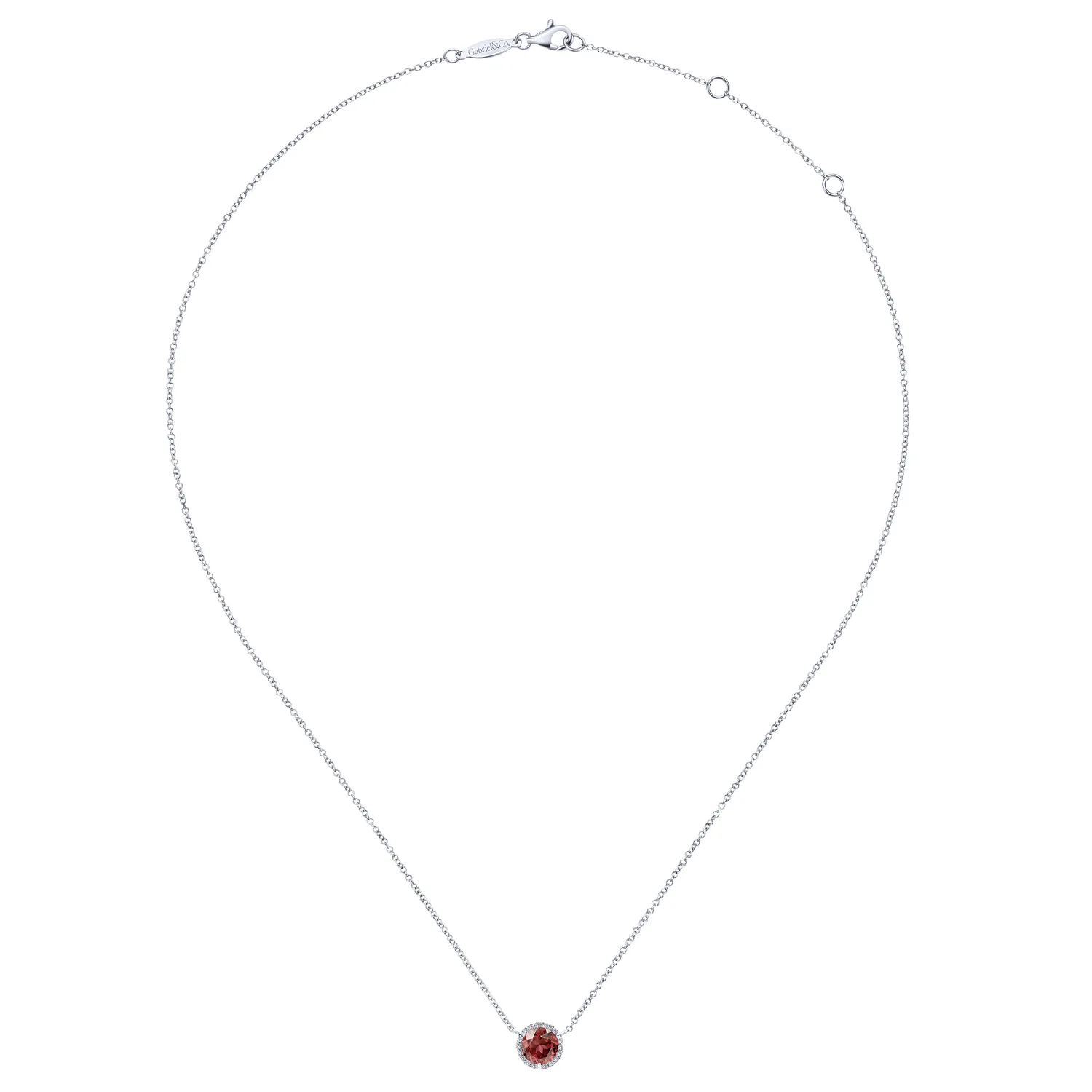 Round Garnet and Diamond Halo Pendant Necklace in 14K White Gold, photograph 2