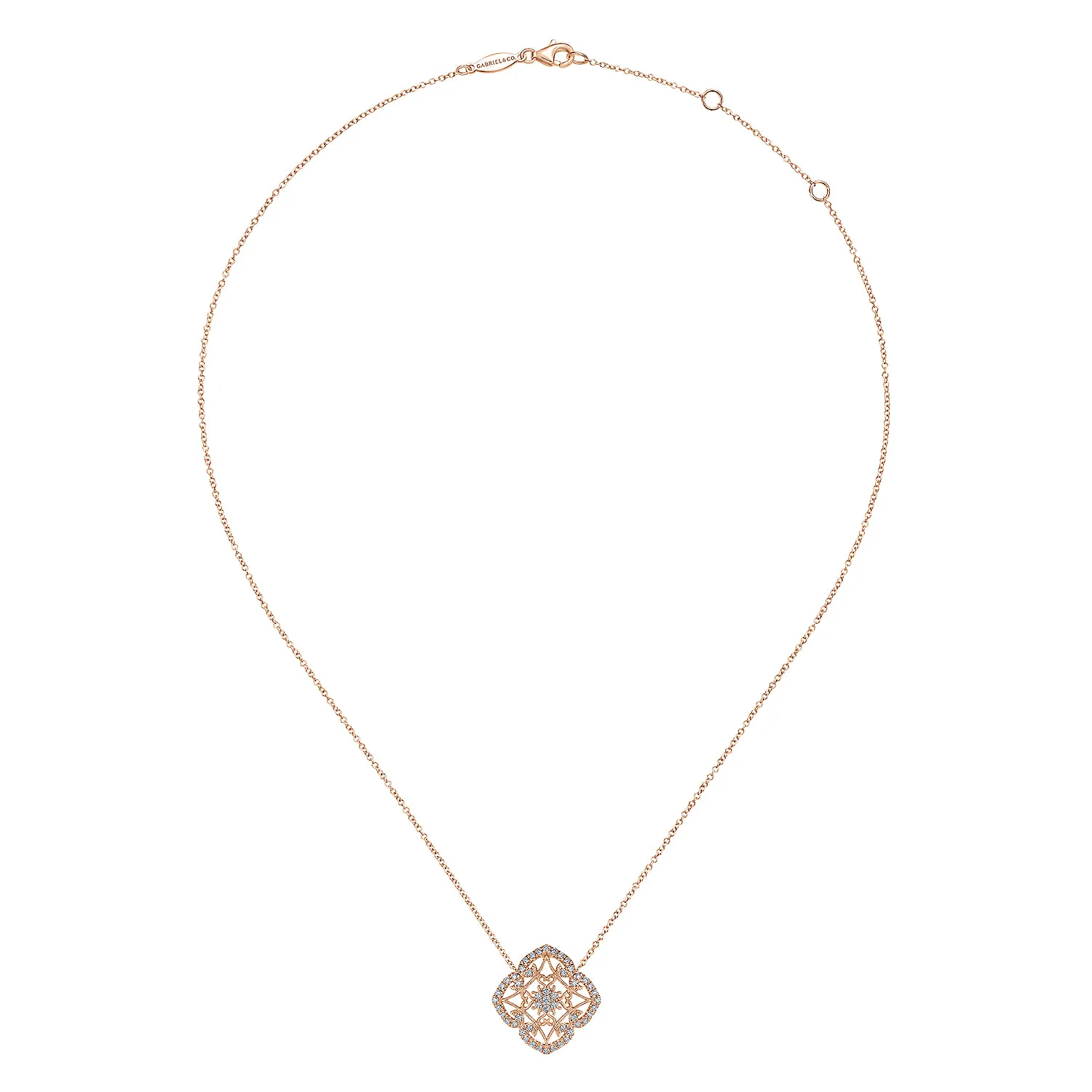 Vintage Inspired Filigree Diamond Pendant Necklace in 14K Rose Gold, photograph 2
