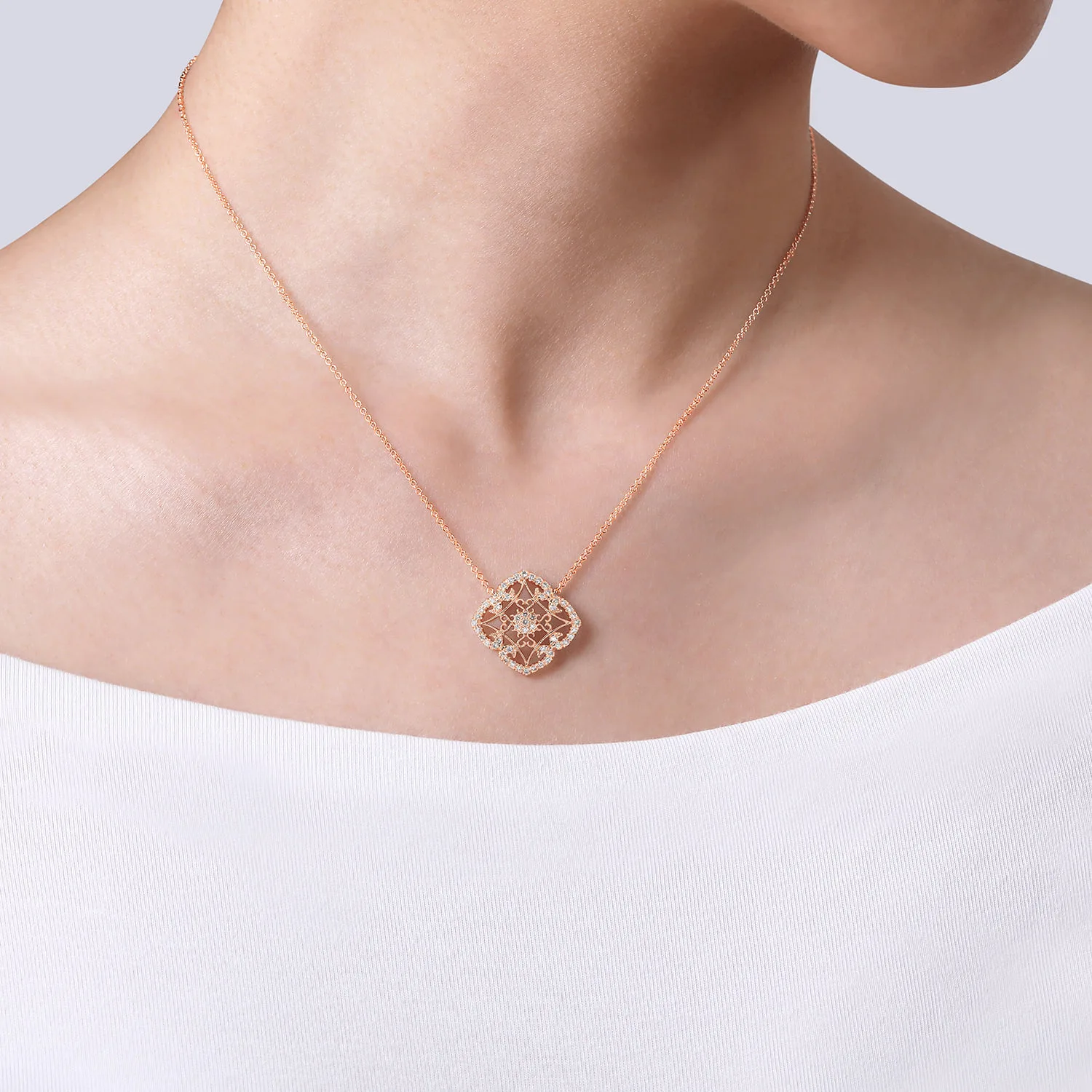 Vintage Inspired Filigree Diamond Pendant Necklace in 14K Rose Gold, photograph 3