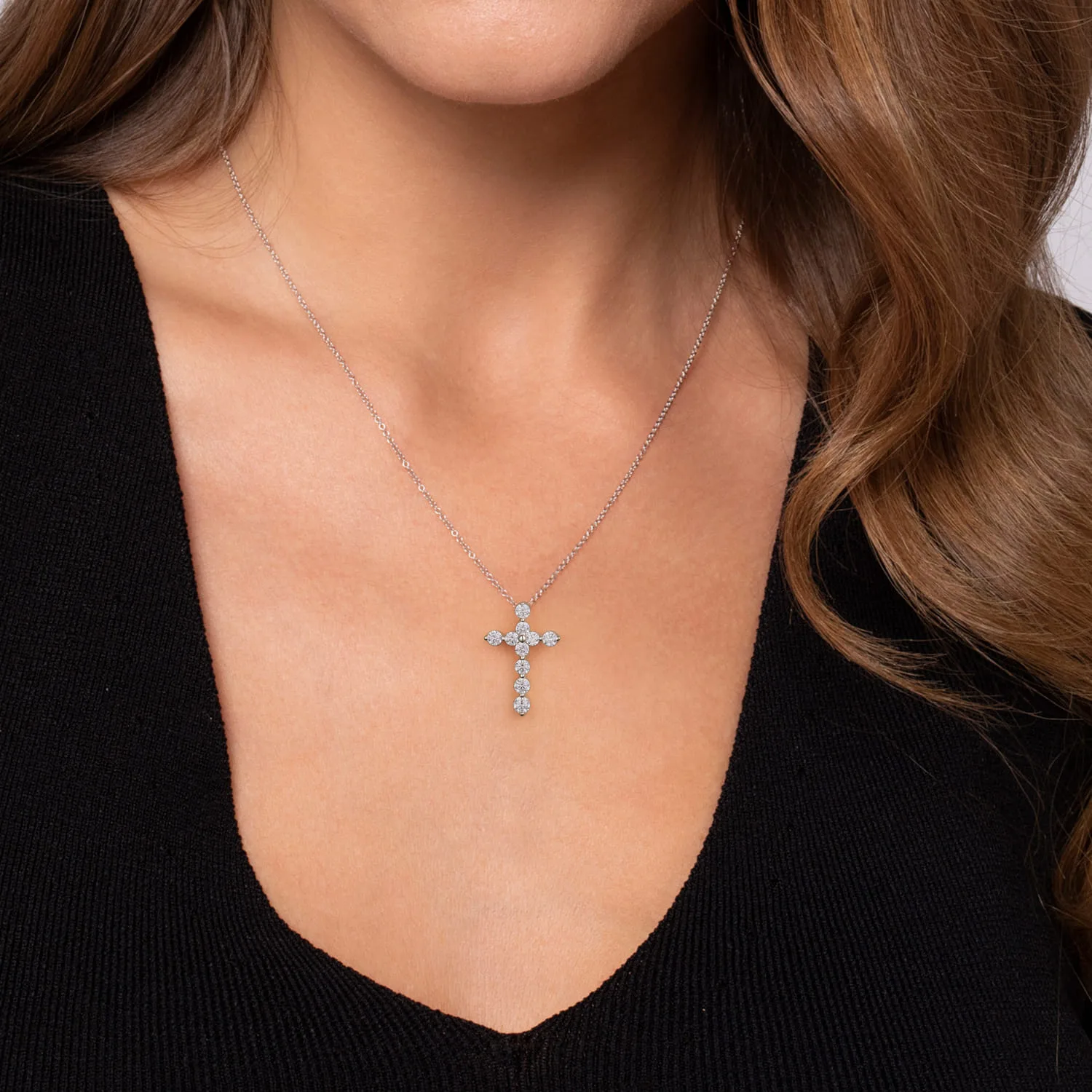 Diamond Cross Pendant Necklace in 14K White Gold, photograph 3