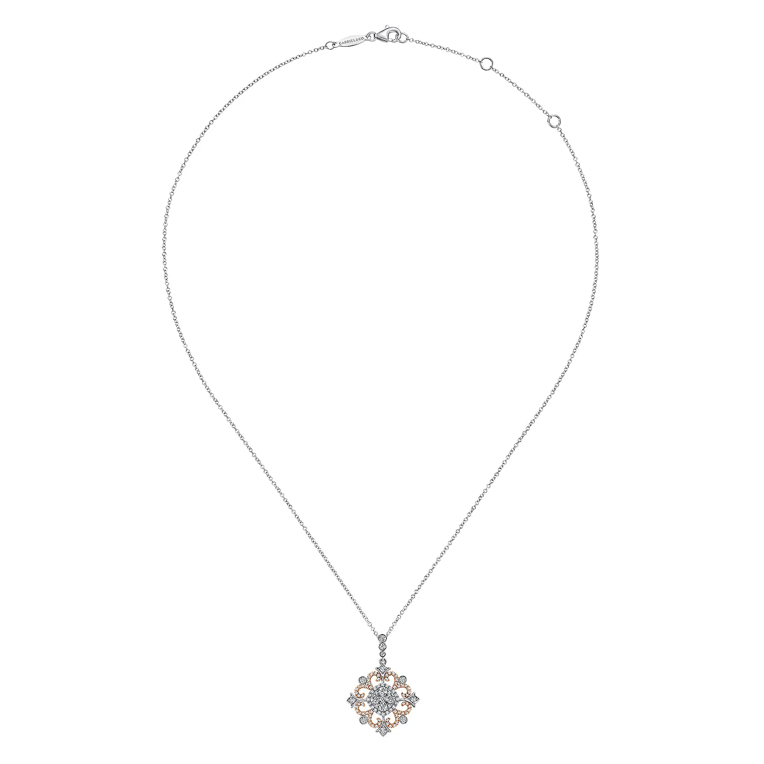 Openwork Diamond Pendant Necklace in 14K White/Rose Gold, photograph 2