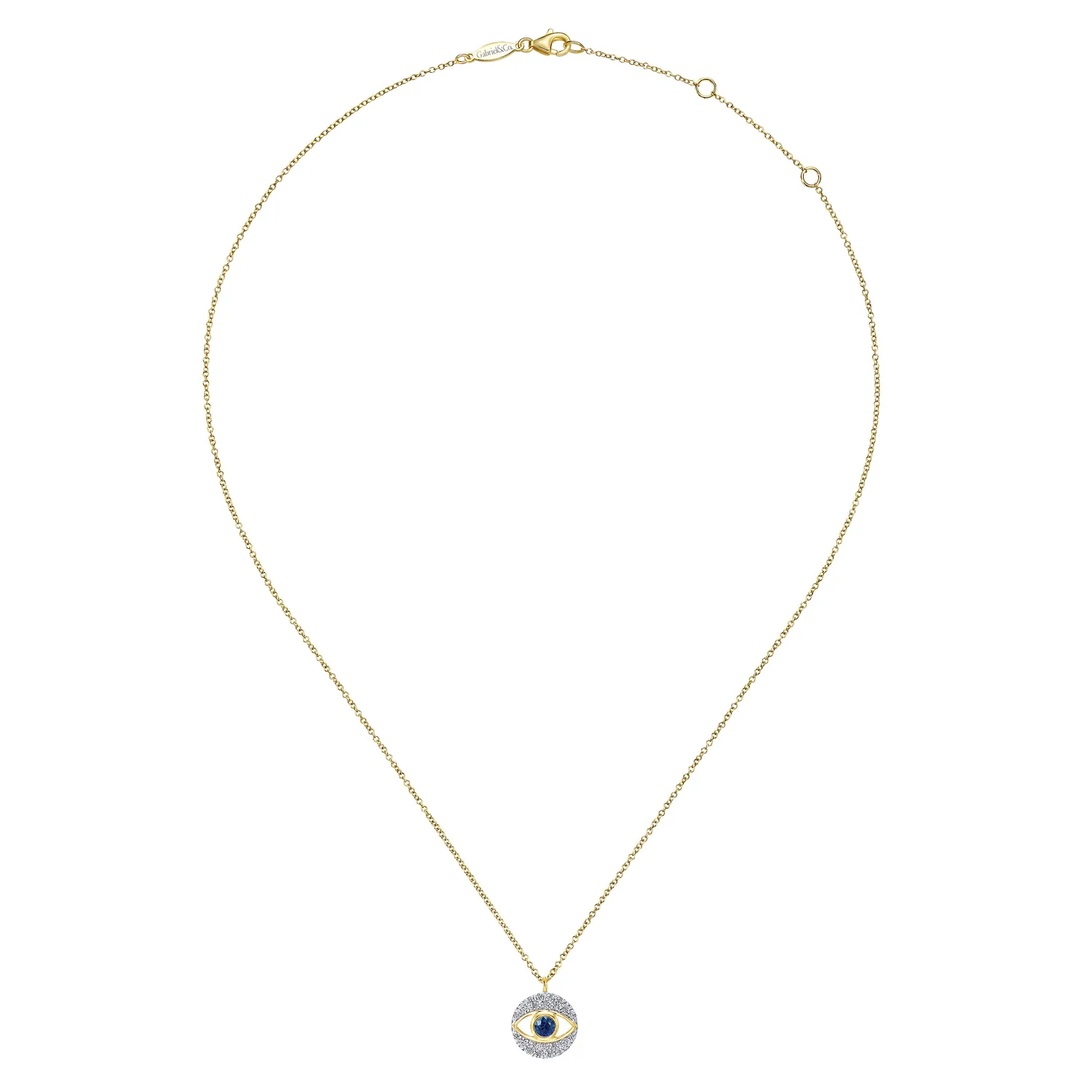 Round Sapphire and Diamond Evil Eye Pendant Necklace in 14K Yellow Gold, photograph 2