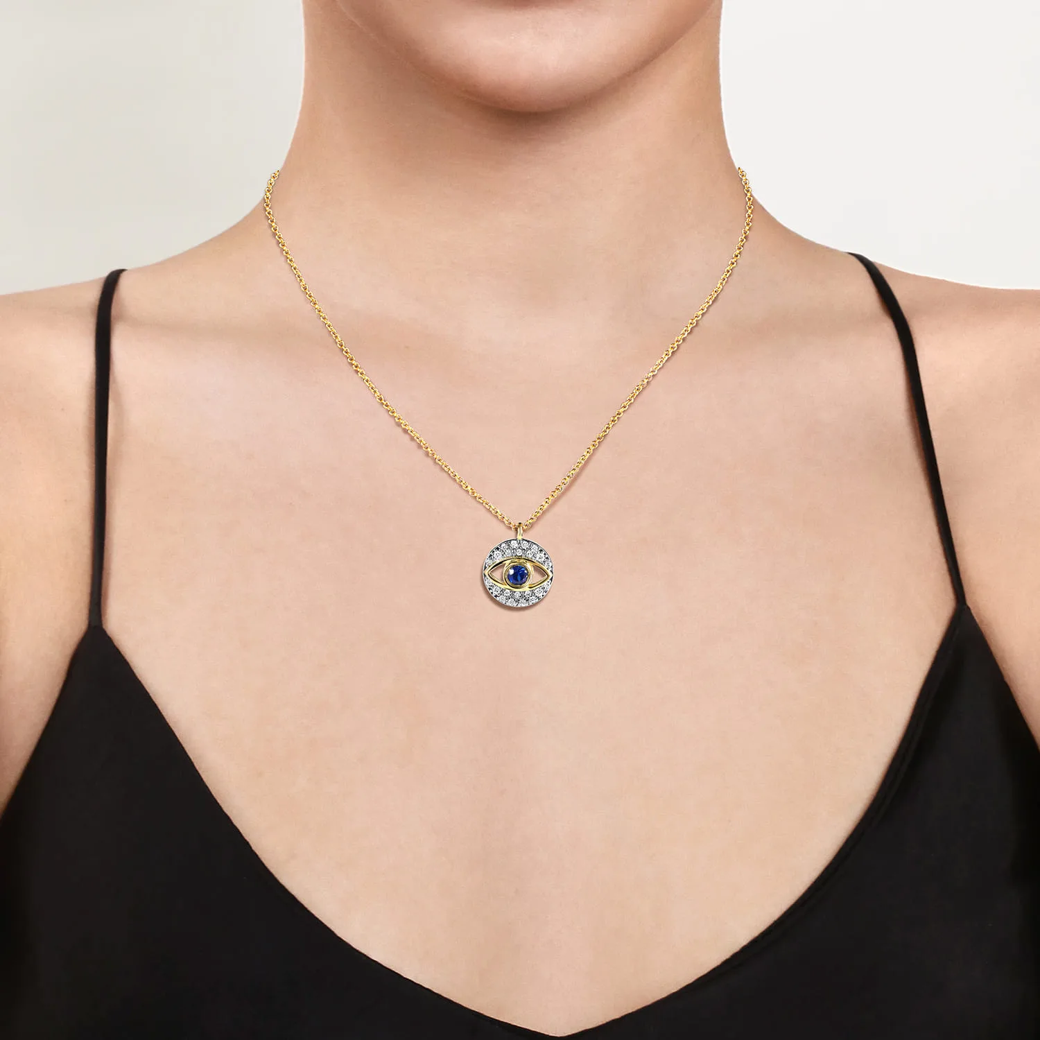 Round Sapphire and Diamond Evil Eye Pendant Necklace in 14K Yellow Gold, photograph 3