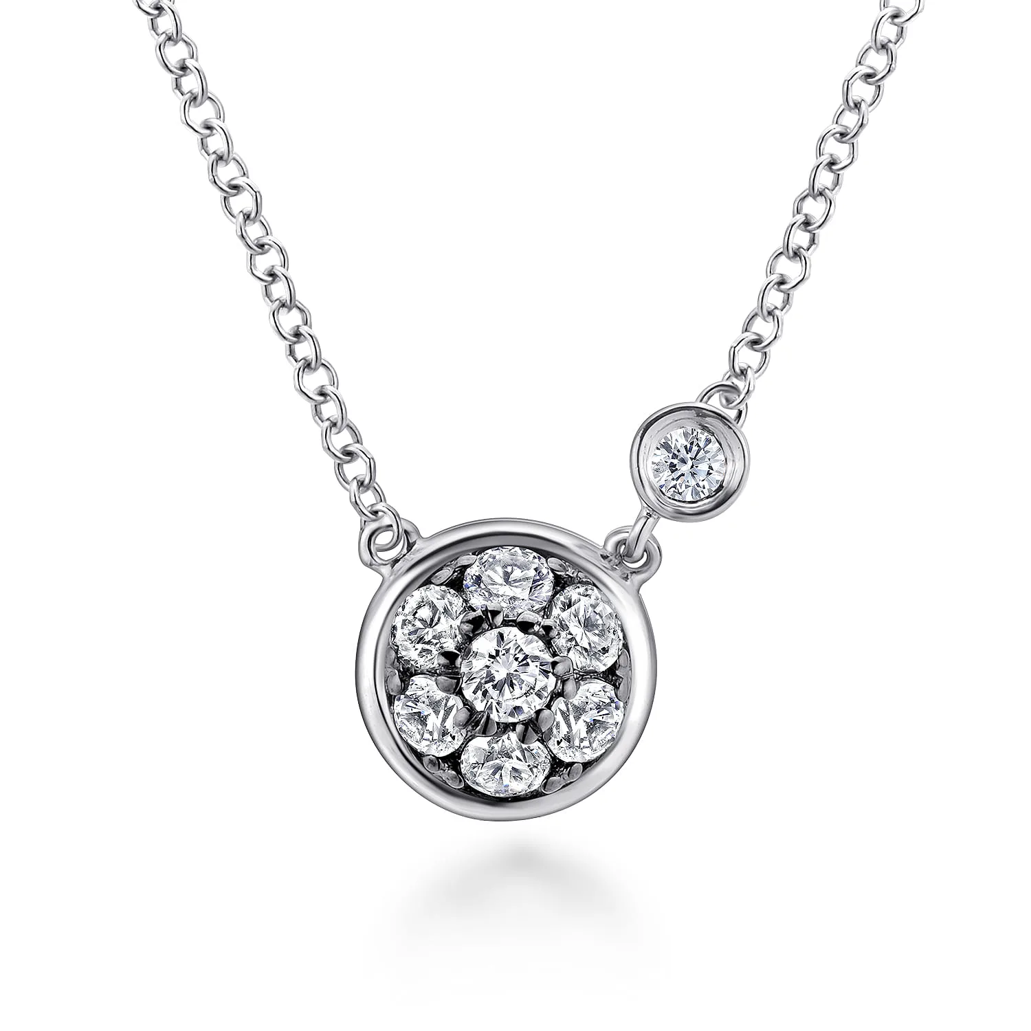 Round White Sapphire Cluster Pendant Necklace with Side Bezel Diamond