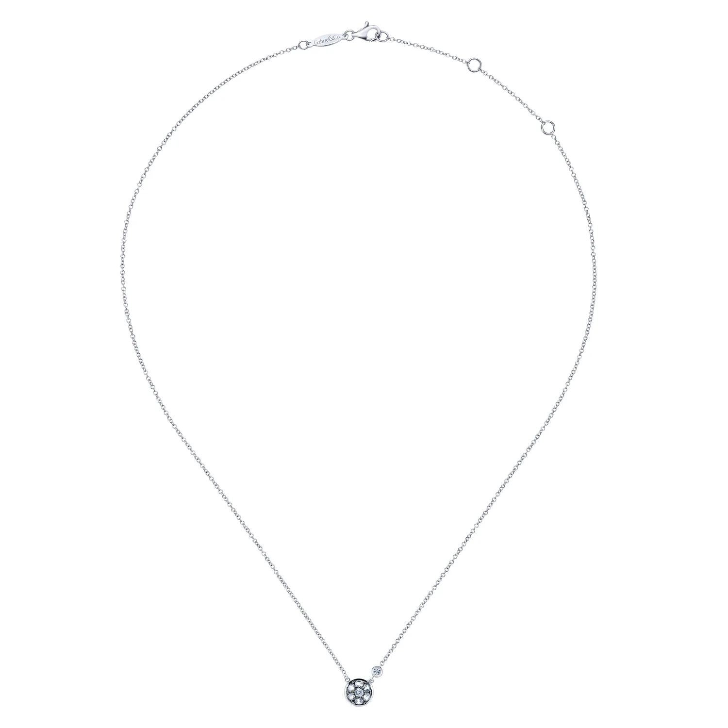 Round White Sapphire Cluster Pendant Necklace with Side Bezel Diamond in Sterling Silver, photograph 2