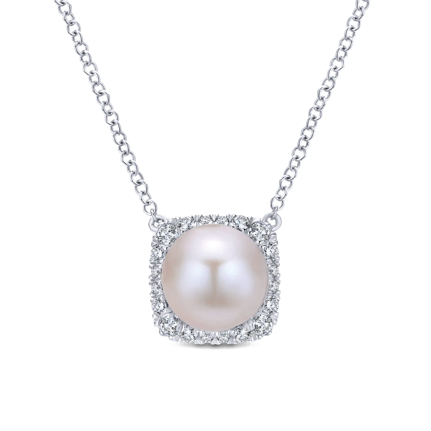 Round Cultured Pearl and Diamond Cushion Halo Pendant Necklace