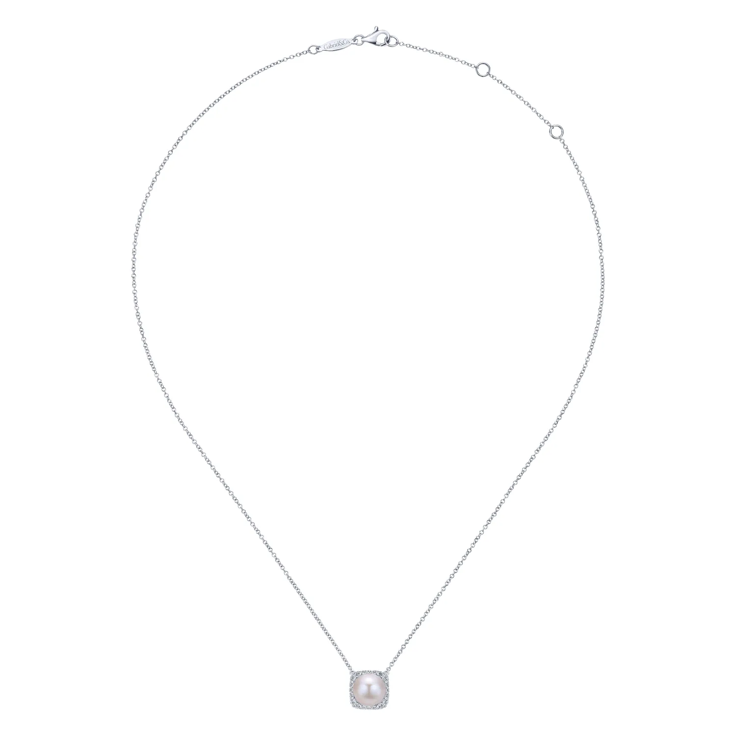 Round Cultured Pearl and Diamond Cushion Halo Pendant Necklace in 14K White Gold, photograph 2