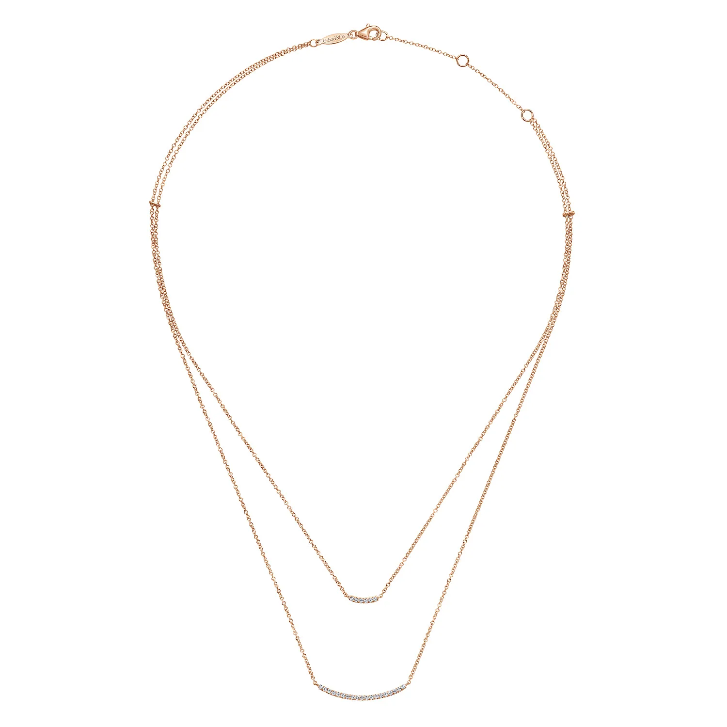 Two Strand Curved Diamond Bar Necklace in 14K Rose Gold, photograph 2