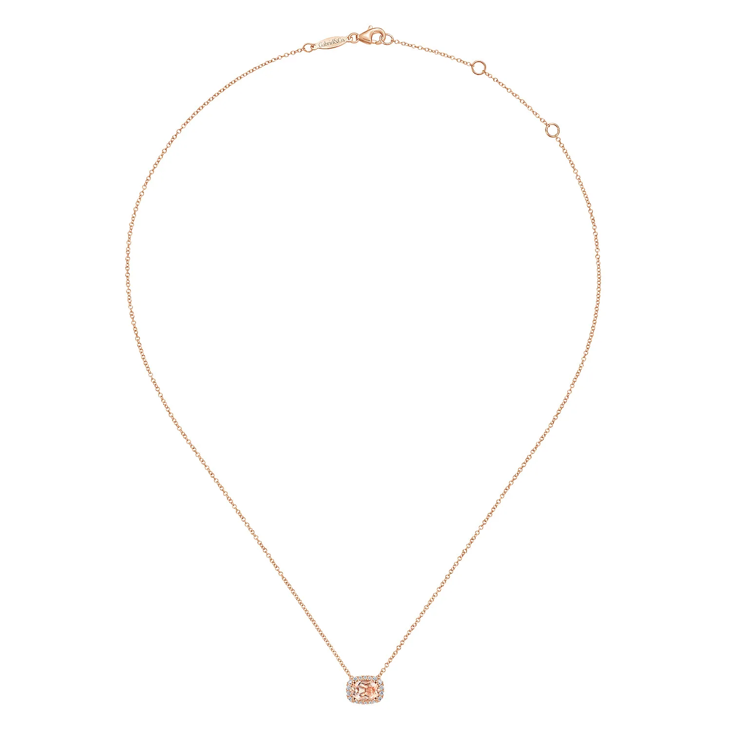 Oval Morganite and Diamond Halo Pendant Necklace in 14K Rose Gold, photograph 2