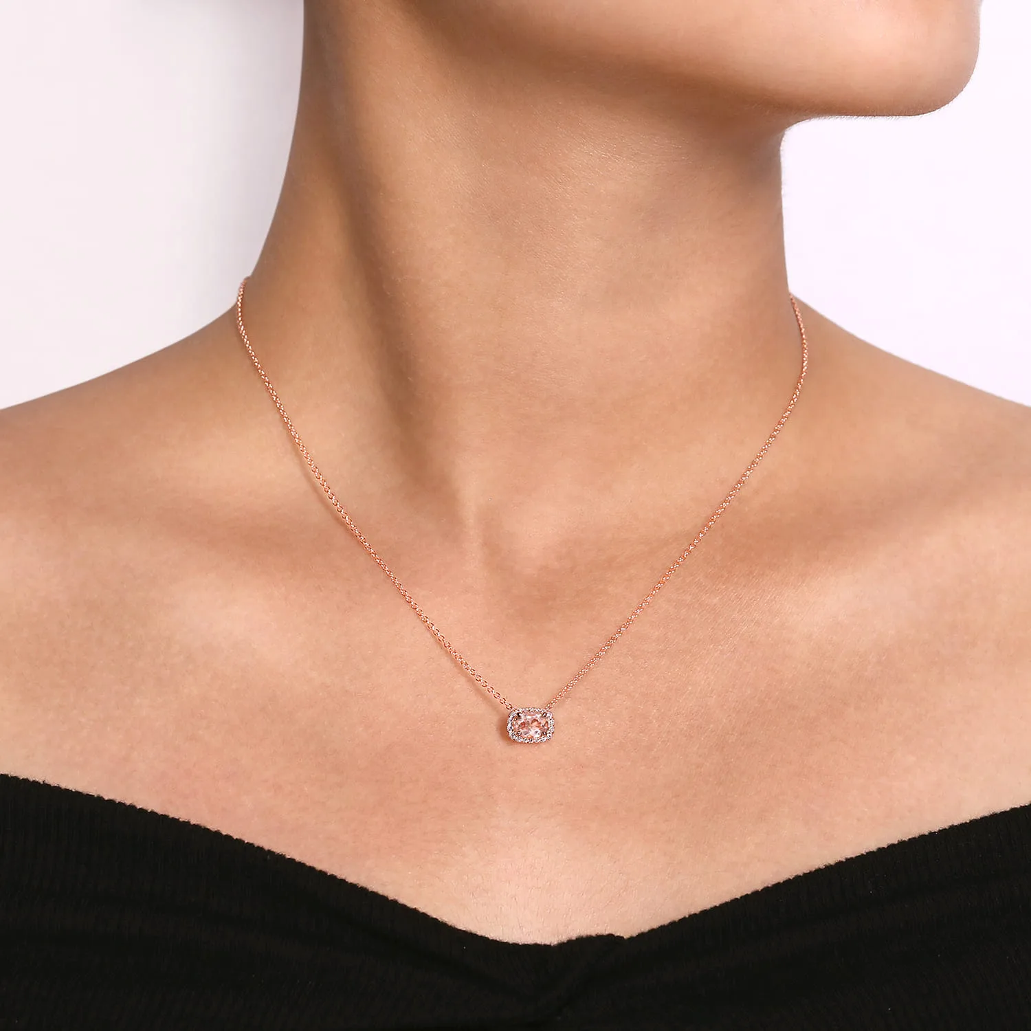 Oval Morganite and Diamond Halo Pendant Necklace in 14K Rose Gold, photograph 3
