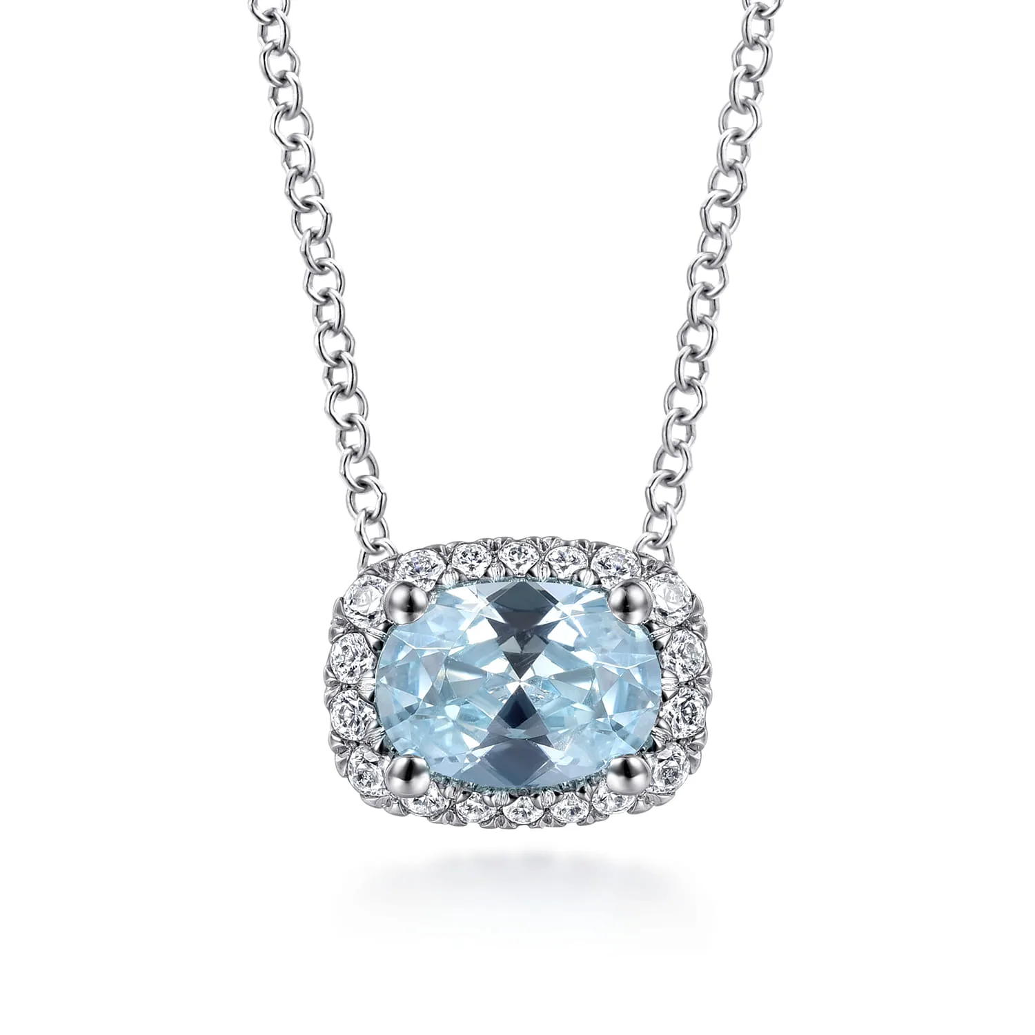 Oval Aquamarine and Diamond Halo Pendant Necklace