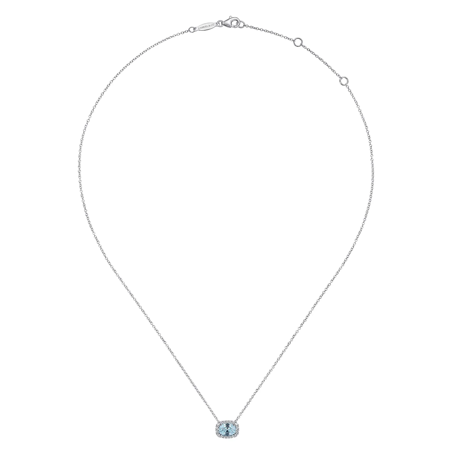 Oval Aquamarine and Diamond Halo Pendant Necklace in 14K White Gold, photograph 2
