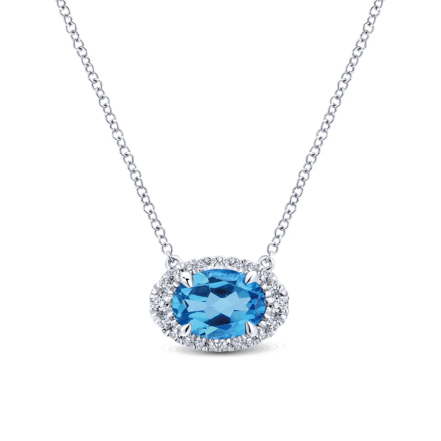 Oval Blue Topaz and Diamond Halo Pendant Necklace