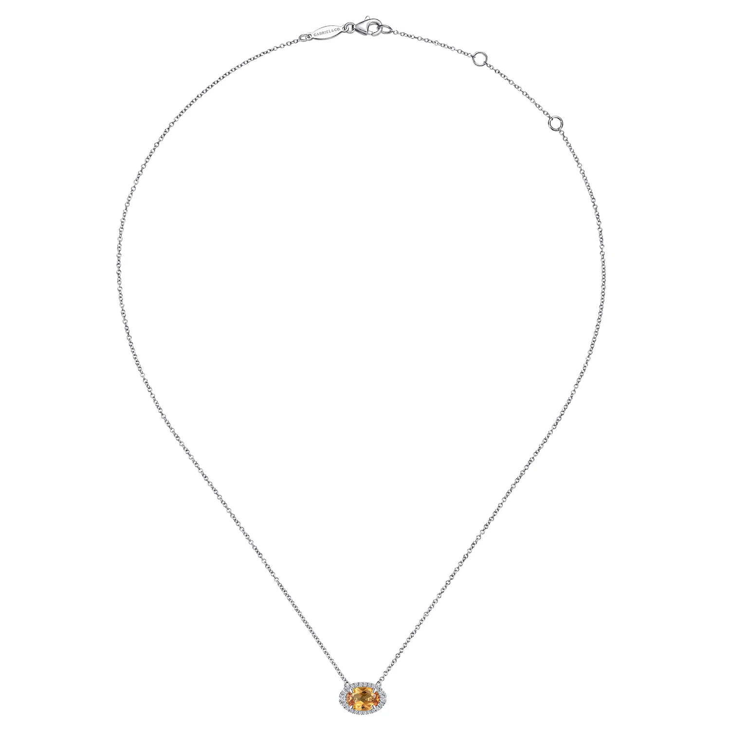 Oval Citrine and Diamond Halo Pendant Necklace in 14K White Gold, photograph 2