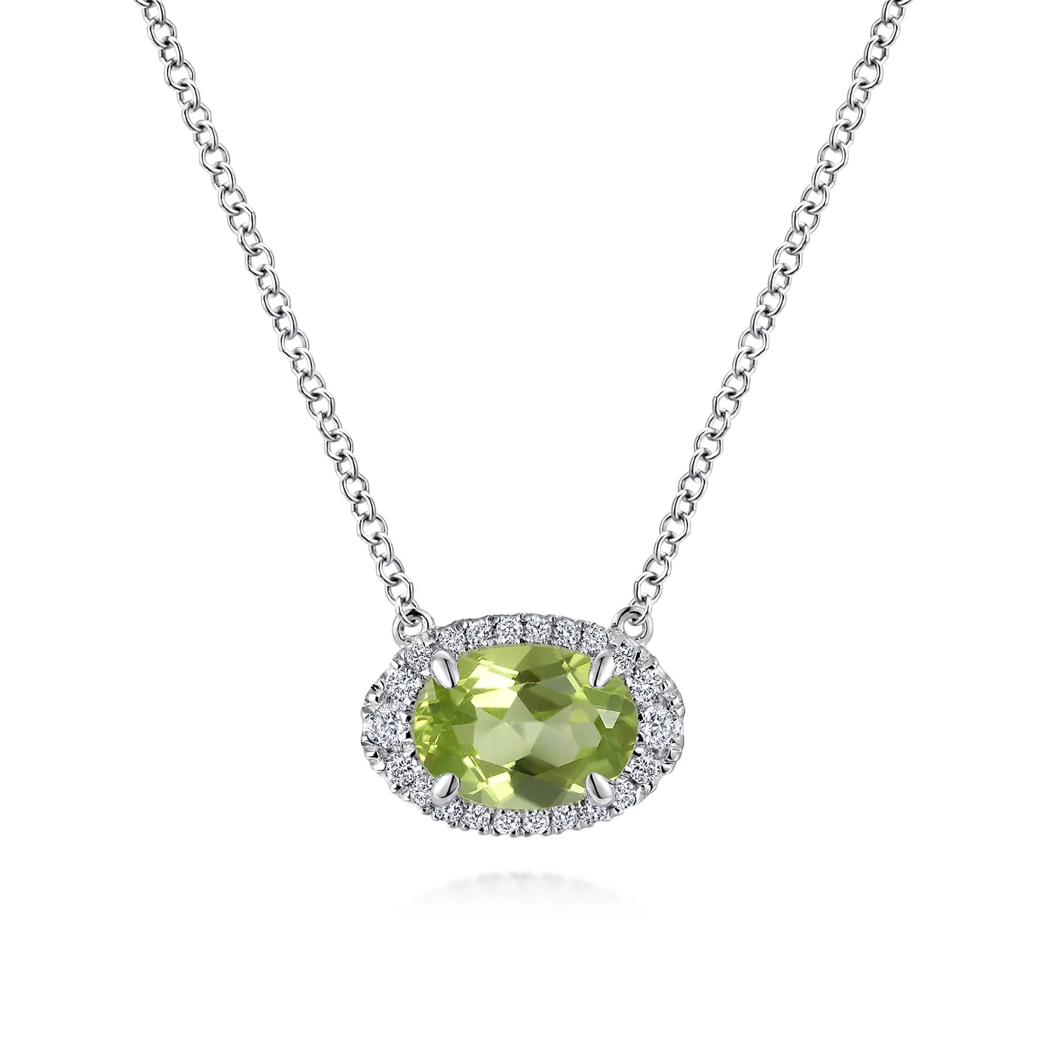 Oval Peridot and Diamond Halo Pendant Necklace