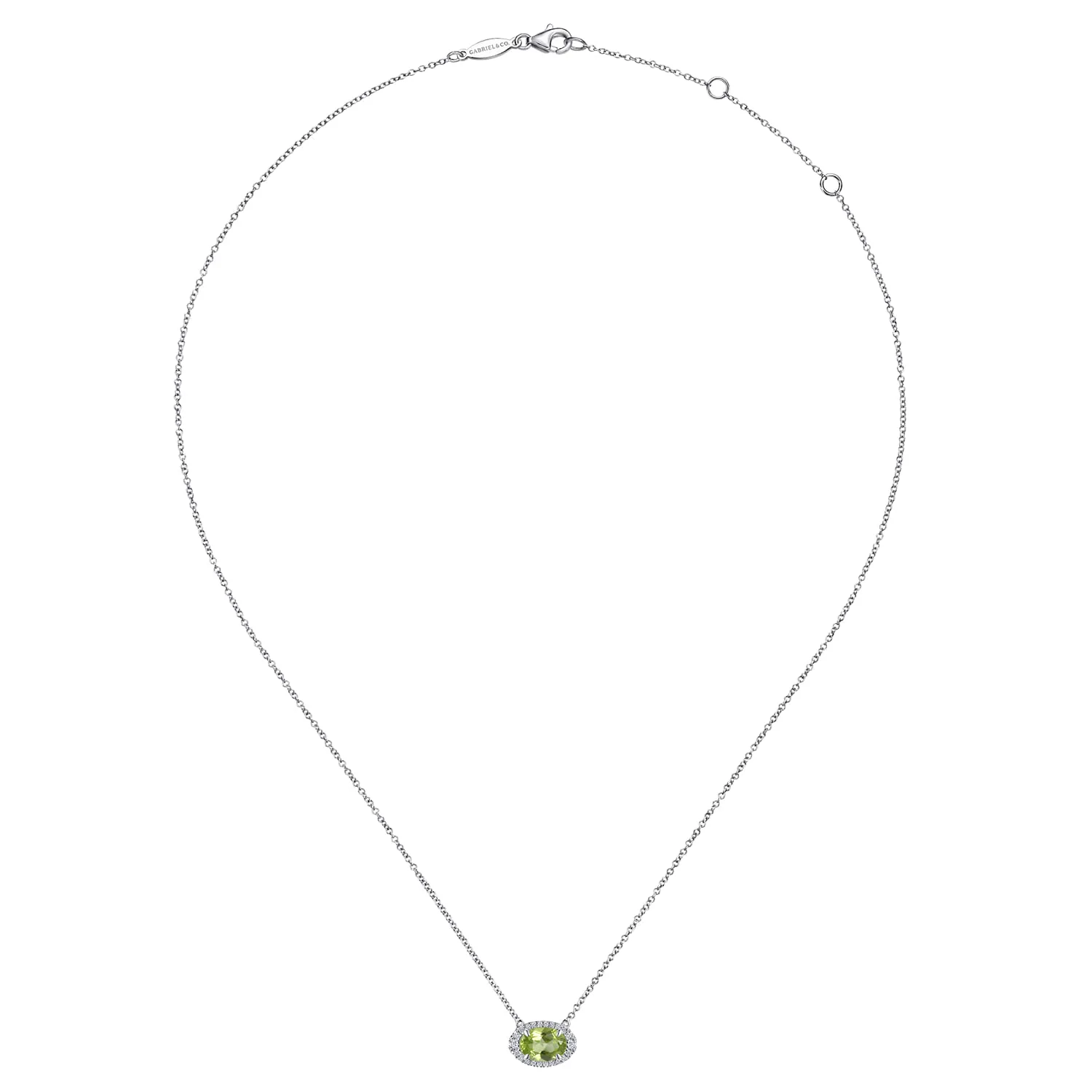 Oval Peridot and Diamond Halo Pendant Necklace in 14K White Gold, photograph 2