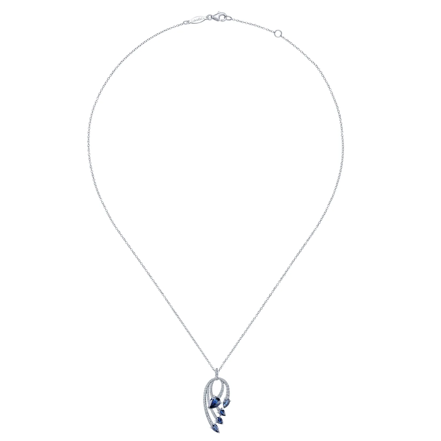 Pear Shaped Sapphire and Diamond Curved Pendant Necklace in 14K White Gold, photograph 2